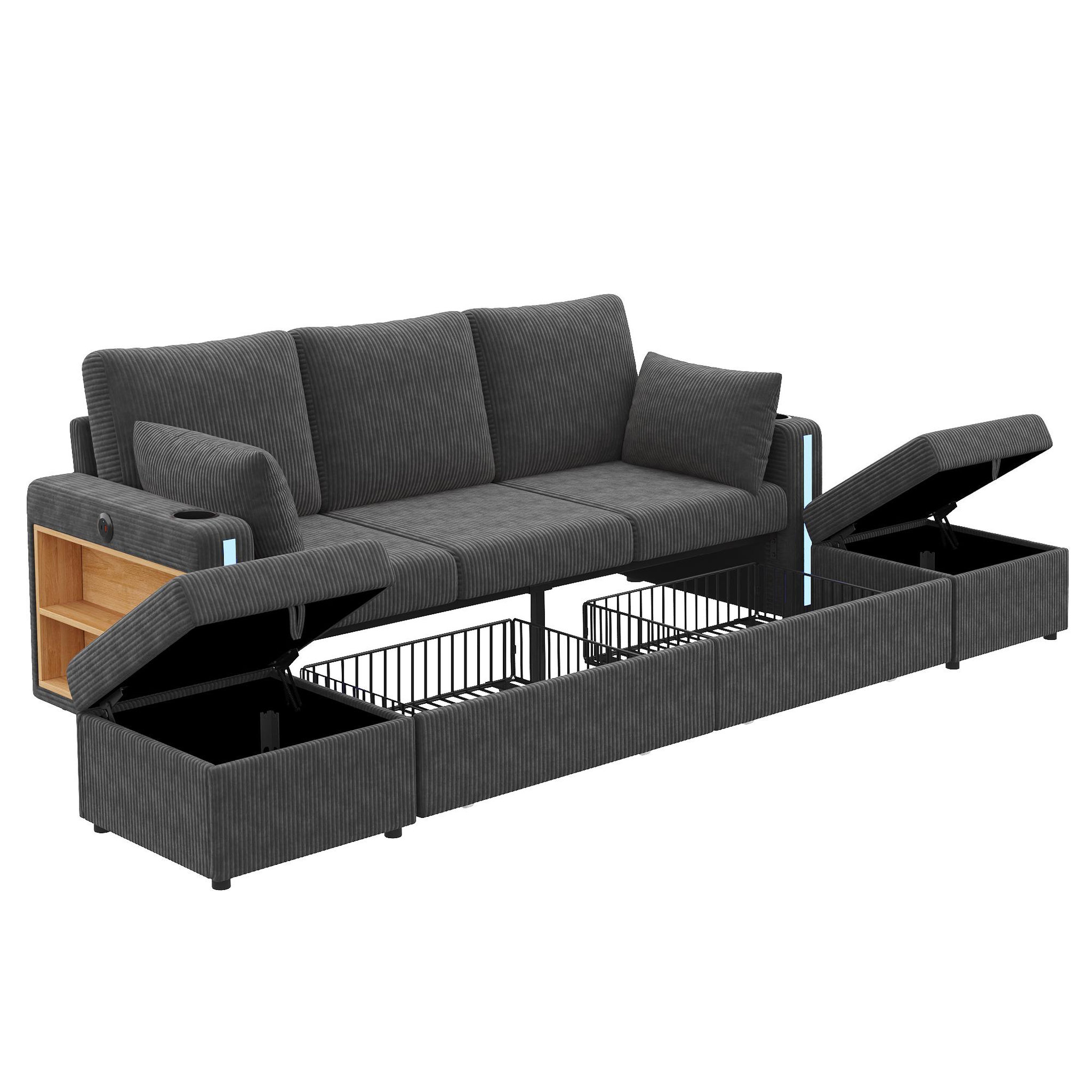 Voir la diapositive 5 : MERAX Canapé d'angle modulable 5 places u/l avec rangement led usb type-c tissu côtelé