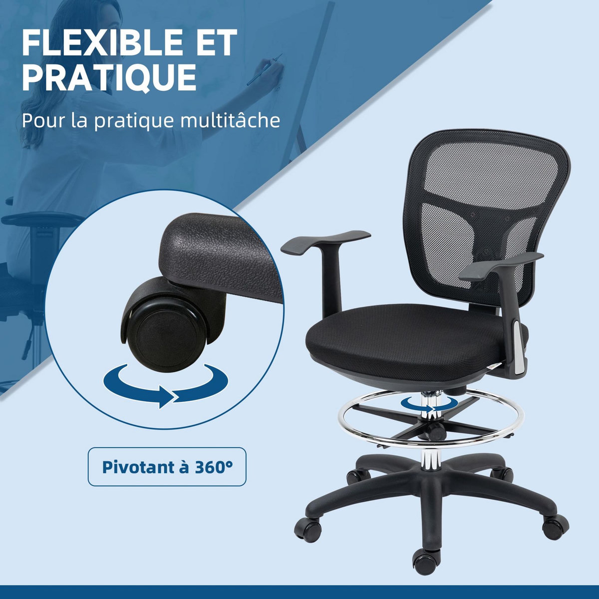 VINSETTO Fauteuil de bureau chaise de bureau assise haute réglable dim. 59L x 59l x 95-115H cm pivotant 360° maille respirante noir