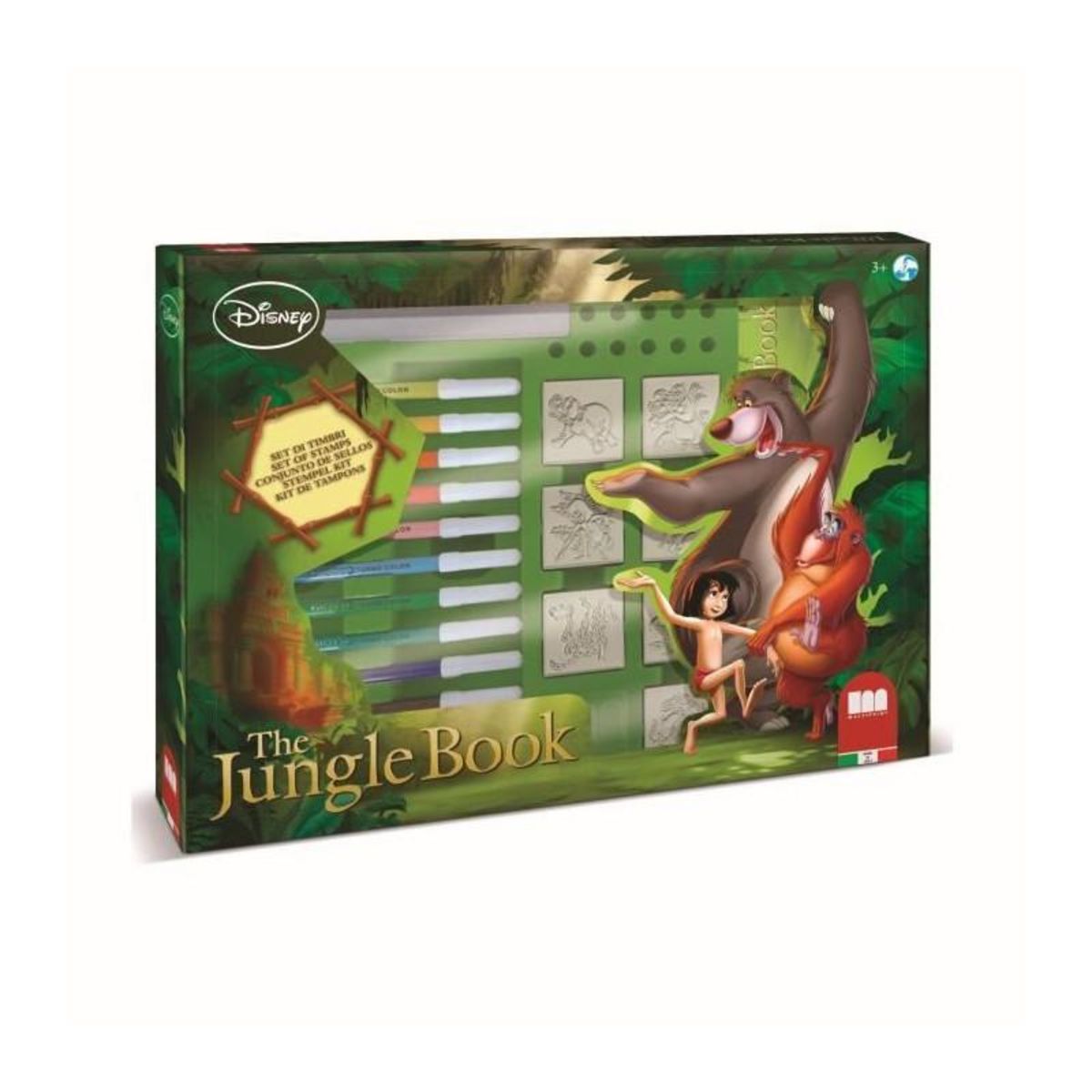 Multiprint Coffret de tampons - MULTIPRINT - 4772 - Le Livre de la Jungle - 7 tampons bois et latex, 12 feutres Giotto, regle, album colori