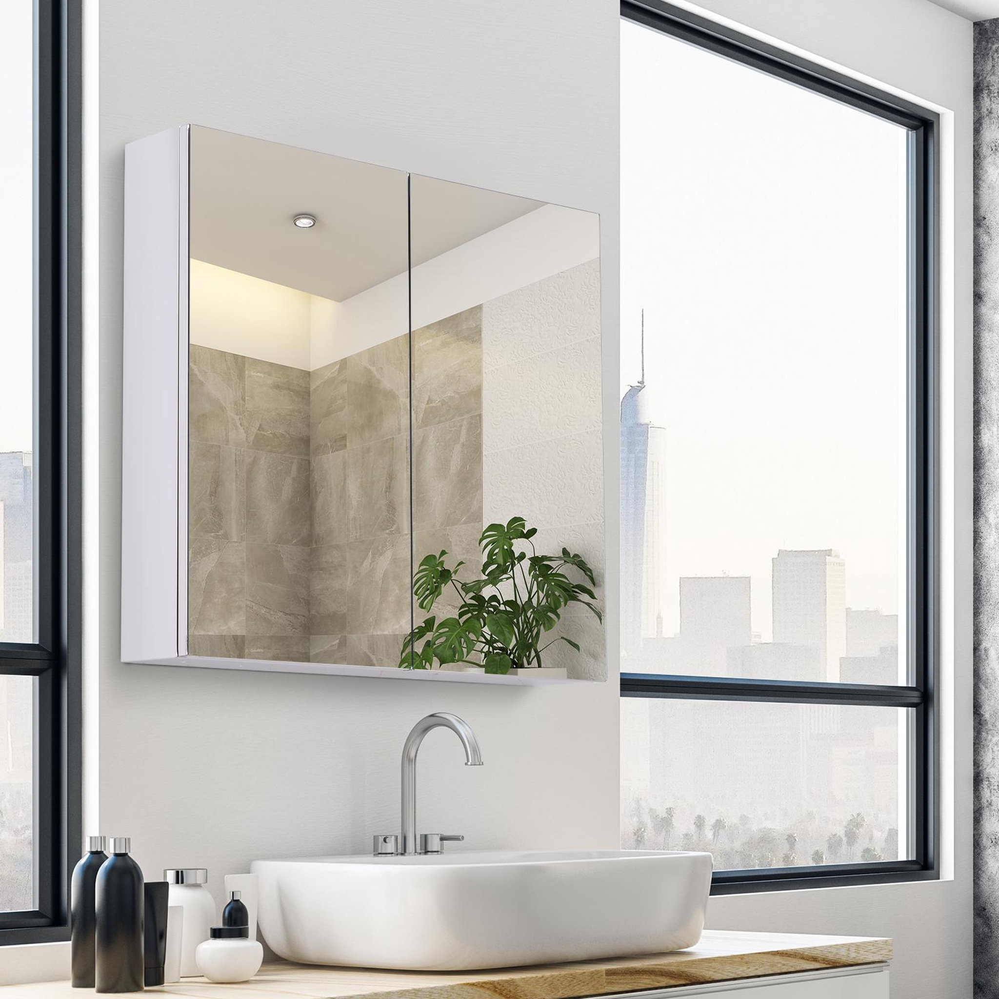 Voir la diapositive 4 : HOMCOM Armoire miroir rangement toilette salle de bain meuble mural dim. 60L x 12l x 55H cm acier inox.