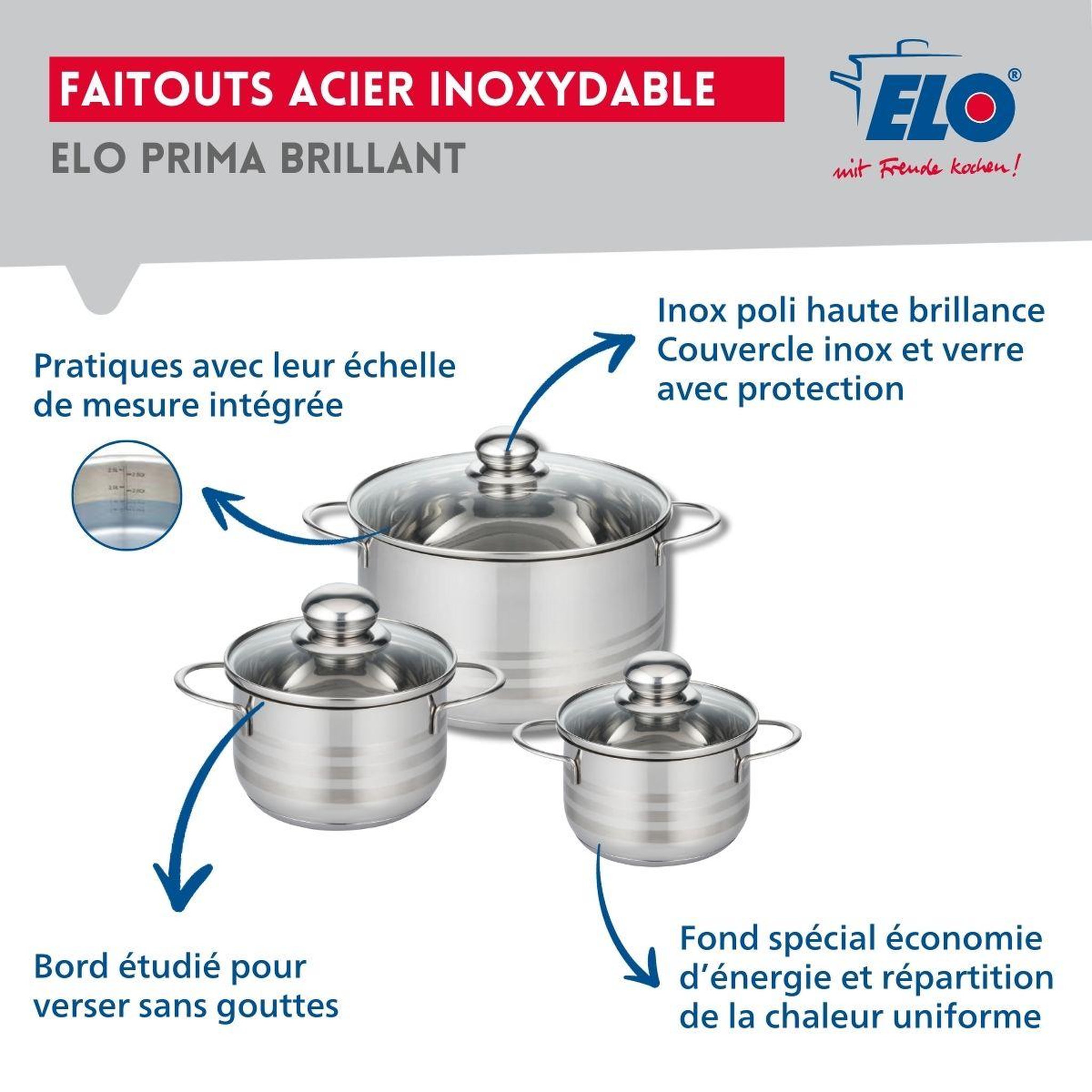 Voir la diapositive 3 : ELO Ensemble de 2 poêles de cuisson 24 et 32 cm et 3 faitouts 14, 16 et 24 cm elo prima brillant