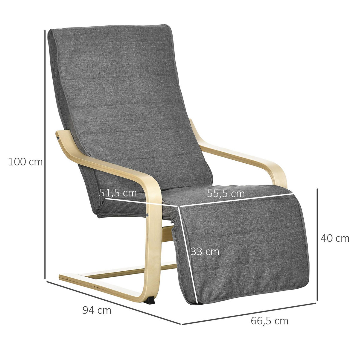 HOMCOM Fauteuil style nordique - repose-pied réglable - déhoussable - bois de bouleau tissu gris