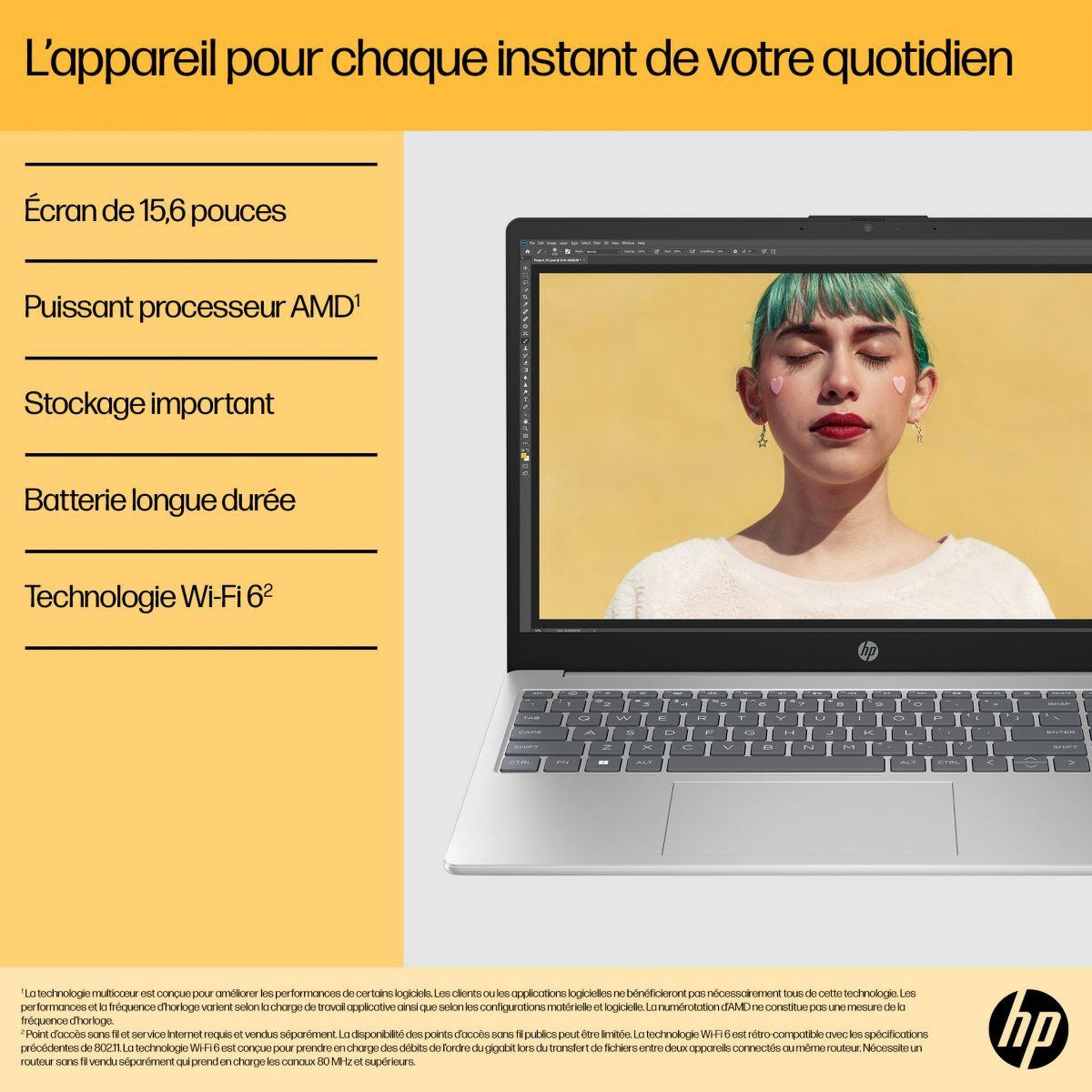 Voir la diapositive 4 : HP Ordinateur portable laptop 15-fc1001nf 15,6  amd ryzen 5 7520u 16 go ram lpddr5 ssd 512 go