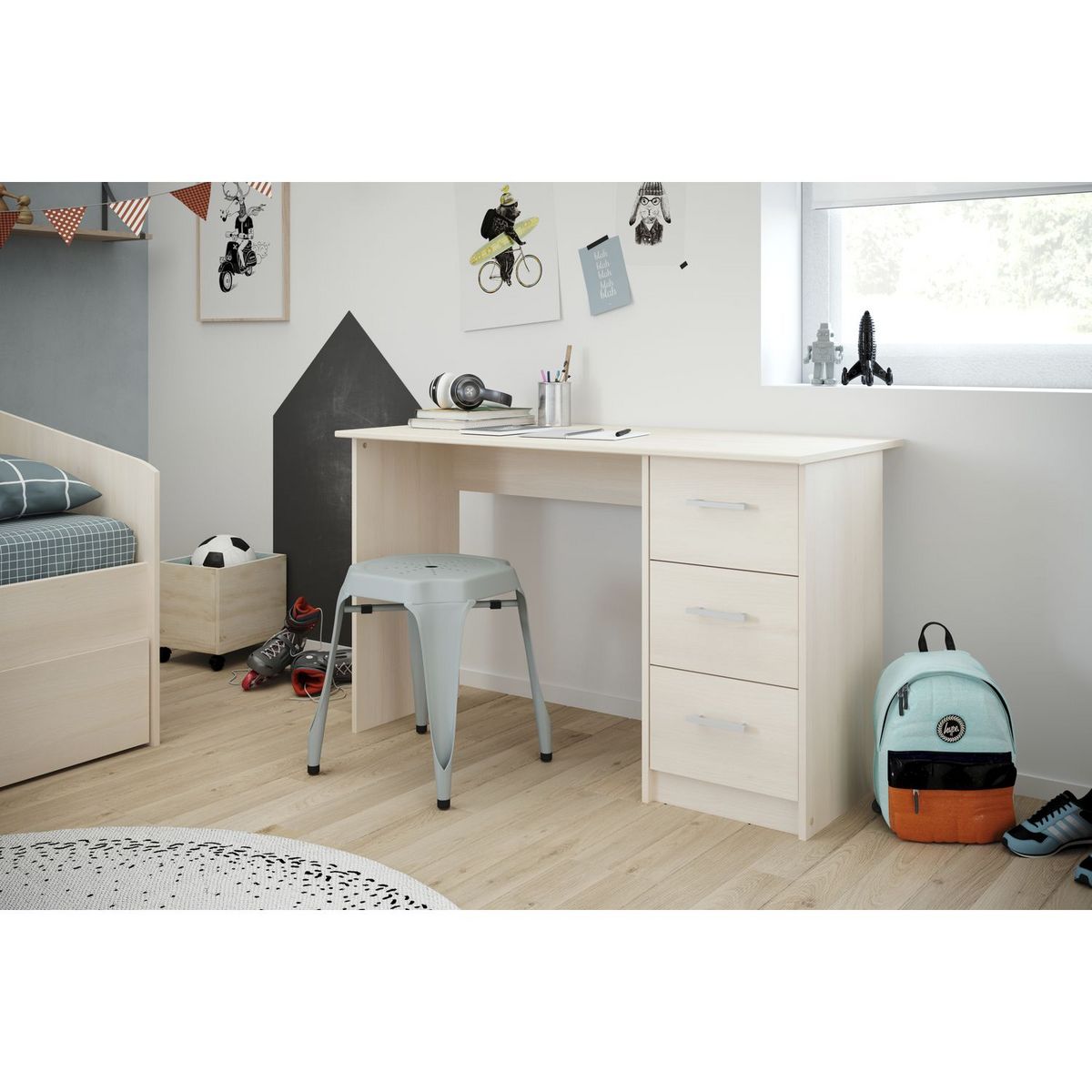 Bureau enfant droit 3 tiroirsL121 x H74 x P55cm STUDY