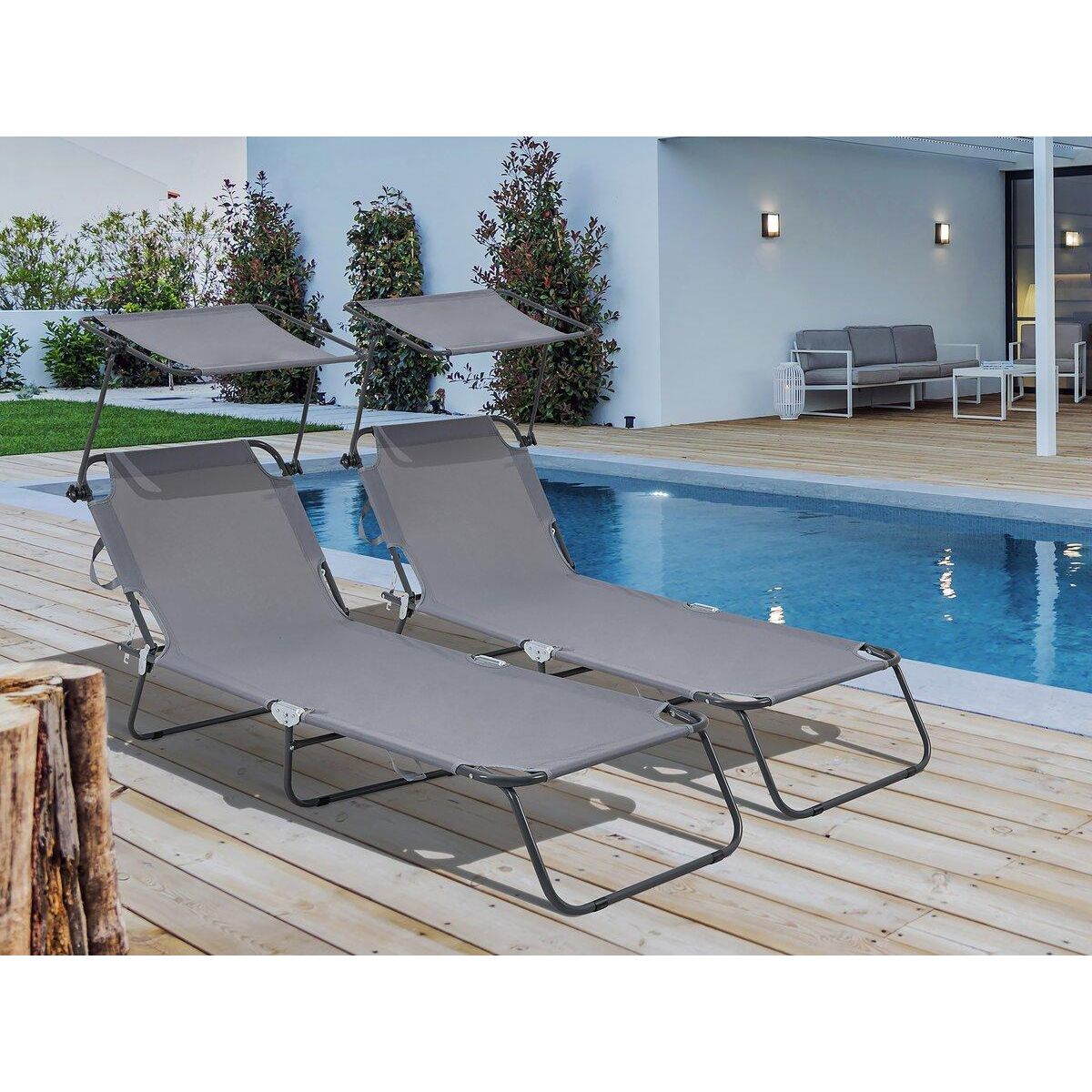 Habitat et Jardin Lot de 2 bains de soleil pliable  Lazy  - Avec pare soleil - Gris