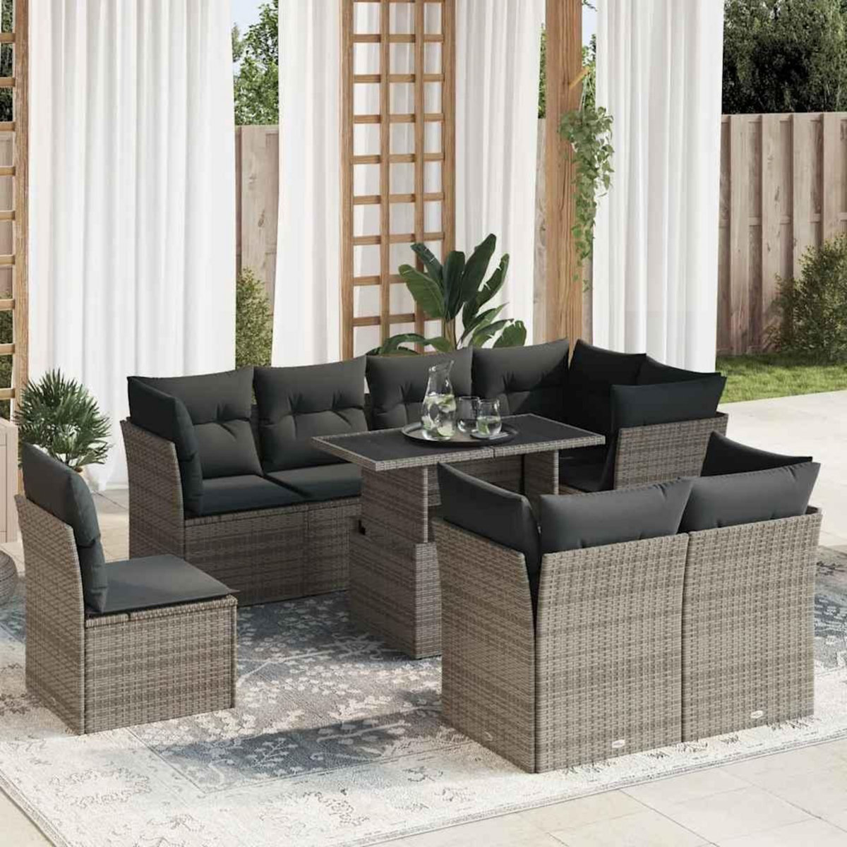 VIDAXL Salon de jardin 9 pcs avec coussins gris resine tressee
