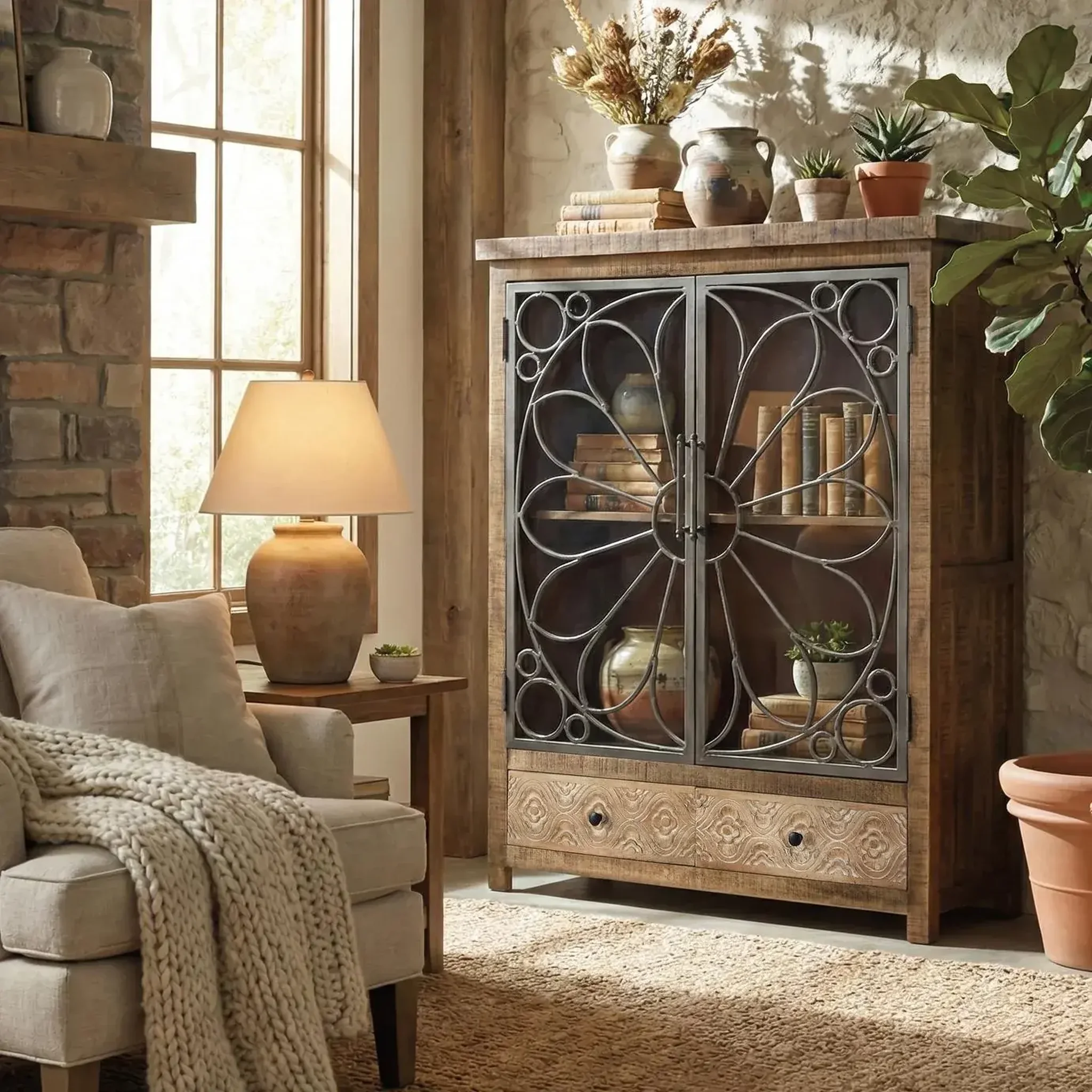 Voir la diapositive 2 : GINER Y COLOMER SL Vitrine en bois de manguier 100 cm style industriel moderne