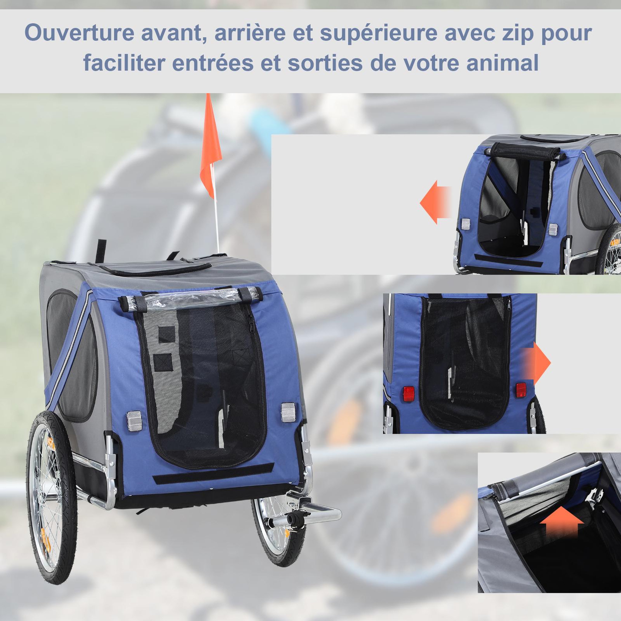 Voir la diapositive 4 : PAWHUT Remorque vélo pour chien animaux pliable 8 réflecteurs drapeau barre attelage inclus acier polyester imperméable max. 30 kg 130l x 73l x 90h cm bleu