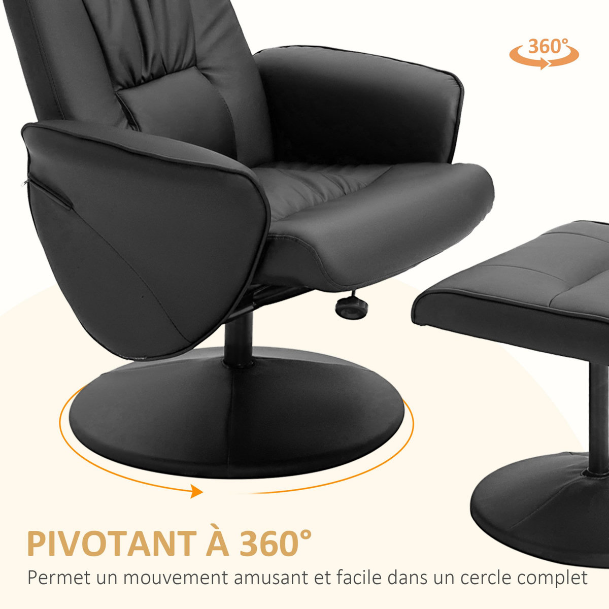 HOMCOM Fauteuil relax inclinable pivotant style contemporain avec repose-pied revêtement synthétique noir