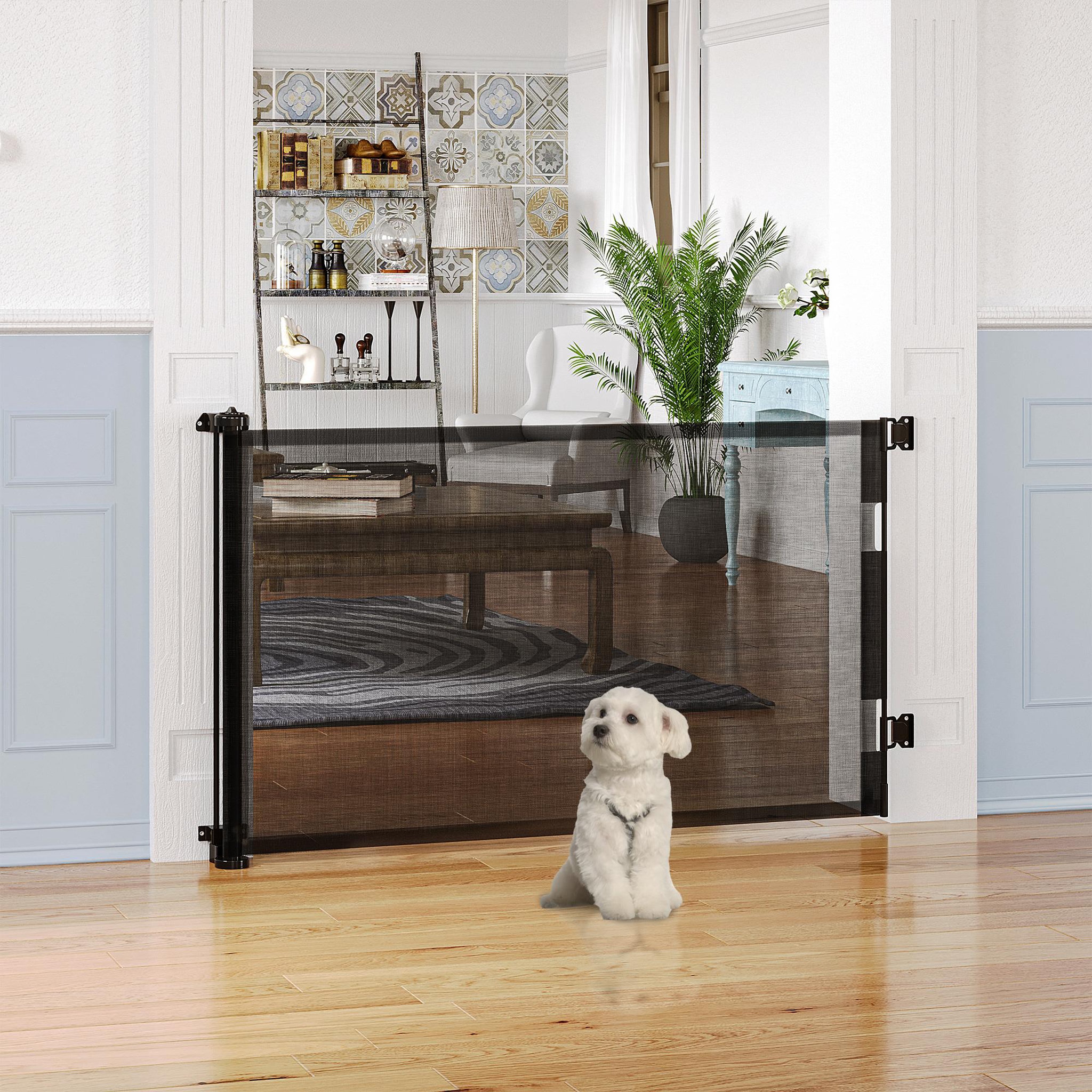 Voir la diapositive 2 : PAWHUT Barrière de sécurité barrière animaux rétractable automatique 1,65L x 0,85H m teslin alu. PVC noir