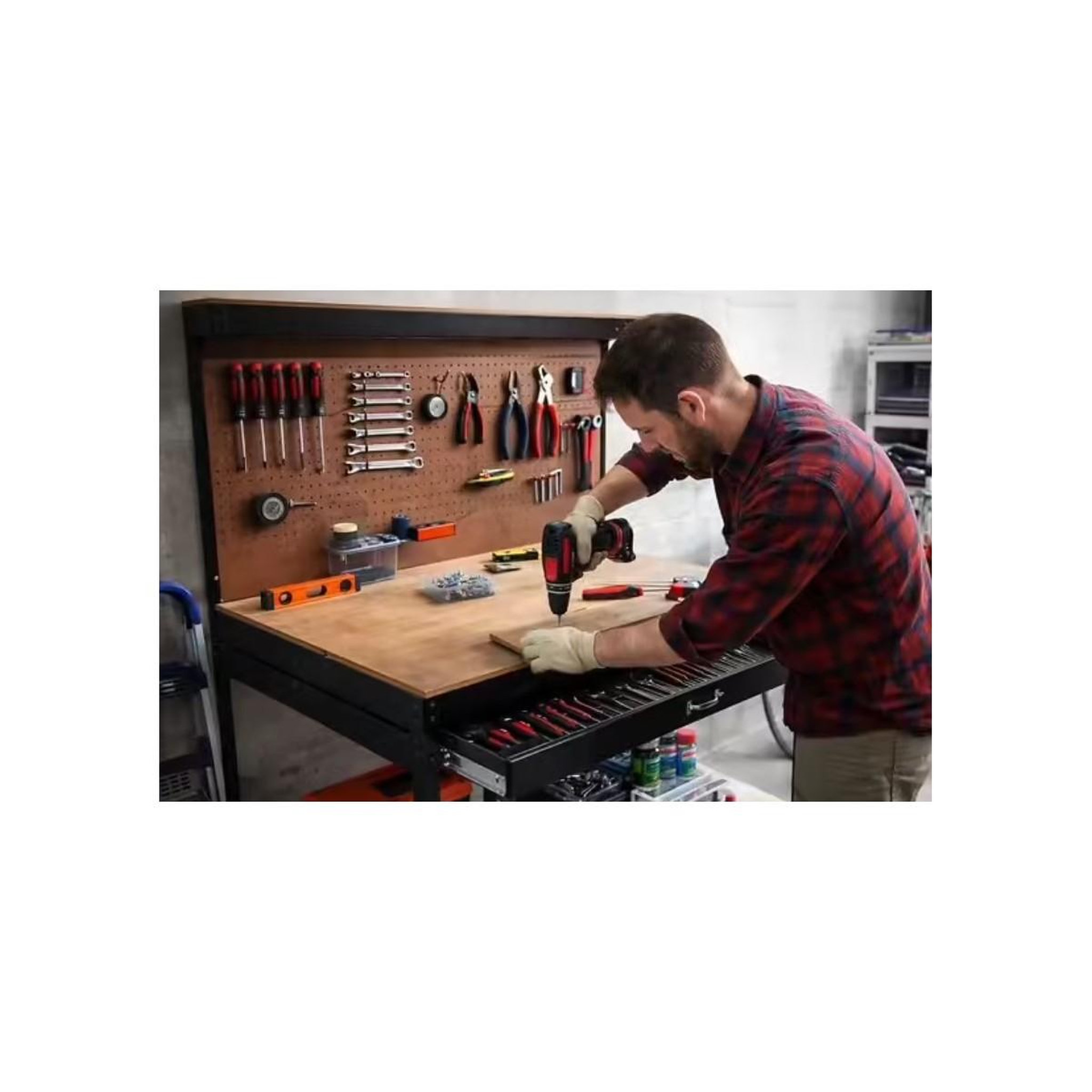 Voir la diapositive 4 : Proweltek Etabli d'atelier panneau porte outils perforé 120x60 xh150cm etagère + grand tiroir de rangement proweltek