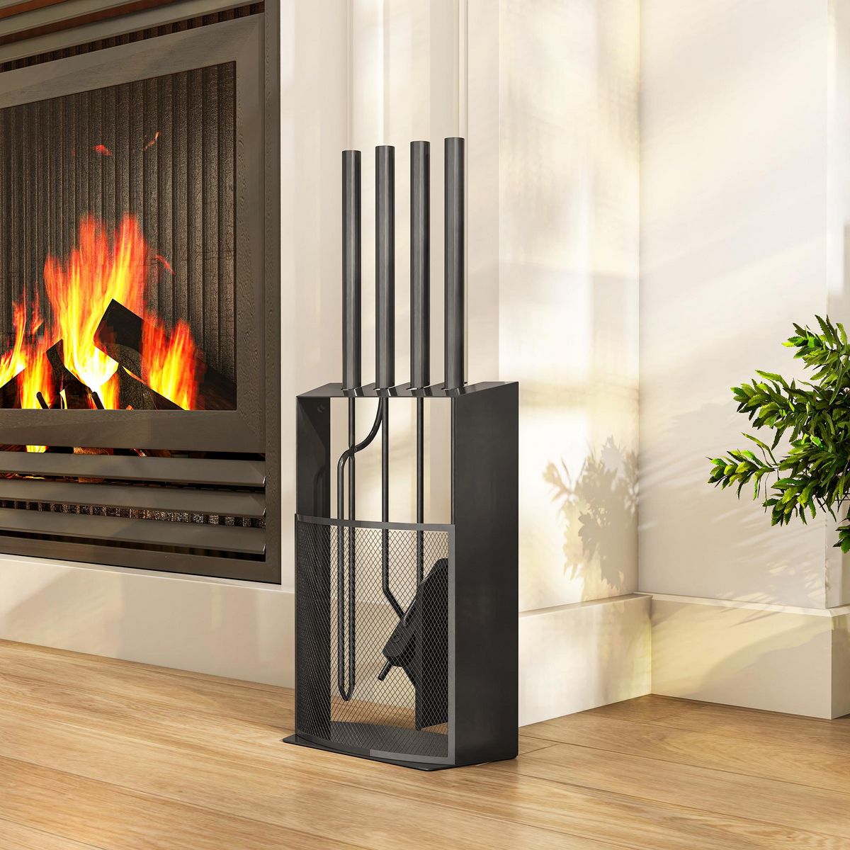 OUTSUNNY Ensemble serviteur de cheminée design 5 pièces en métal - brosse, pelle, tisonnier, pince - support inclus noir