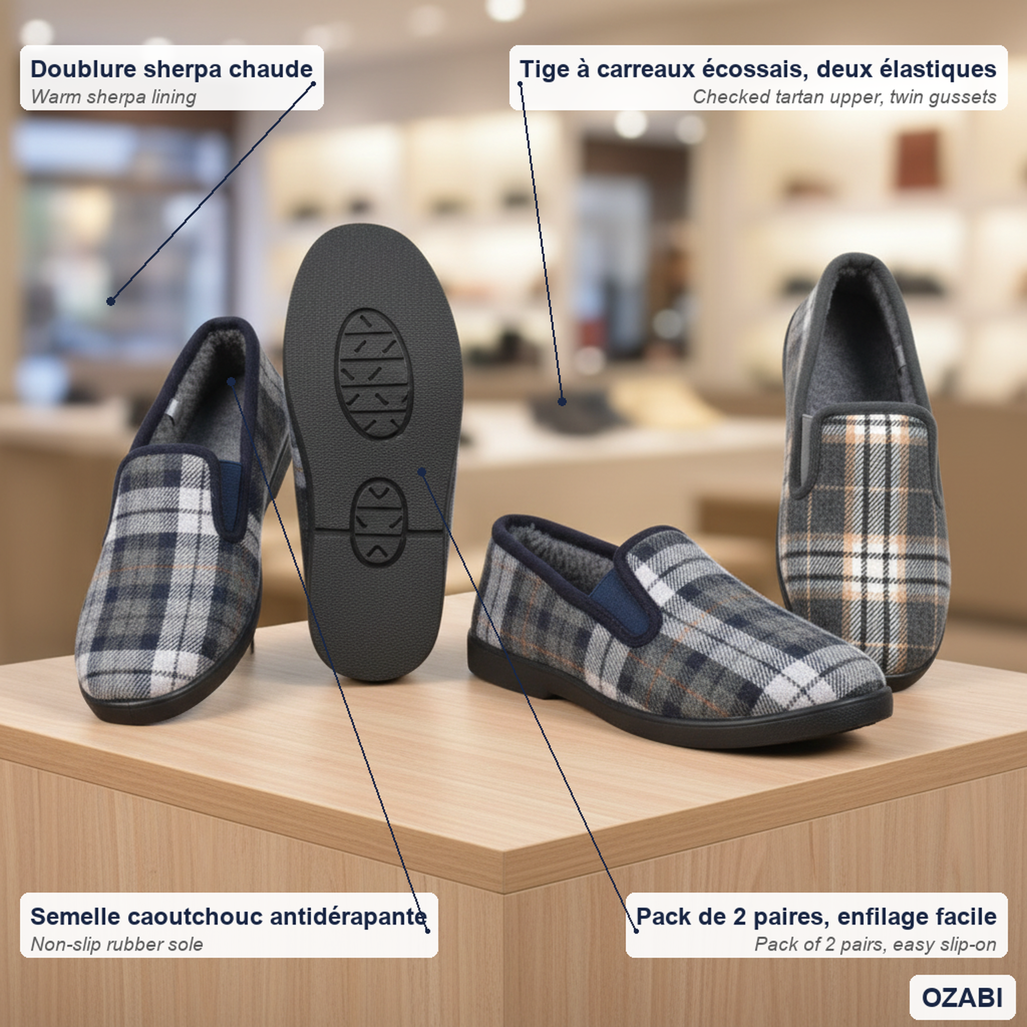 Voir la diapositive 5 : OZABI Ozabi pantoufles charentaises homme pack de 2 paires semelle antidérapante