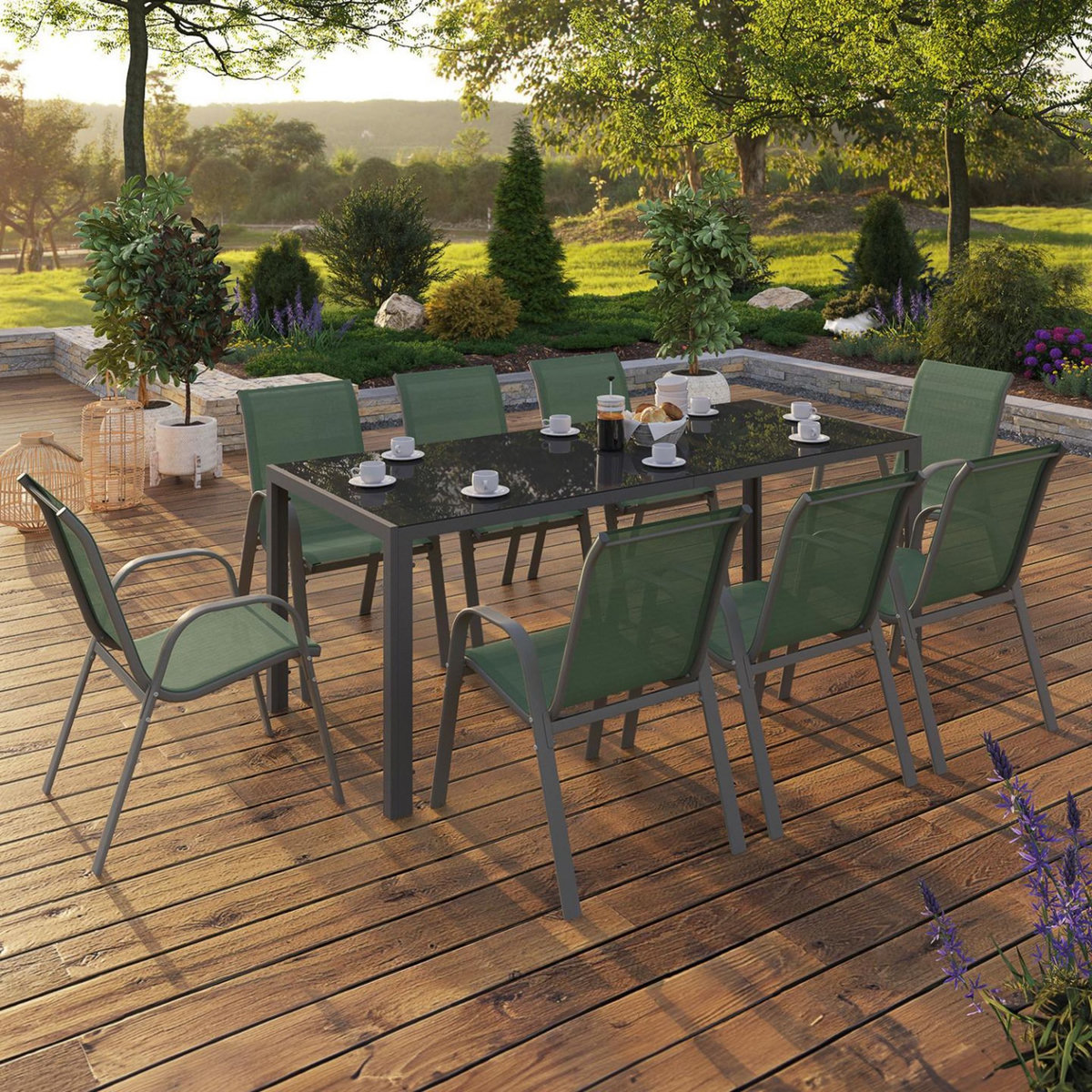 ID MARKET Salon de jardin MADRID table 190 cm et 8 chaises empilables vert olive