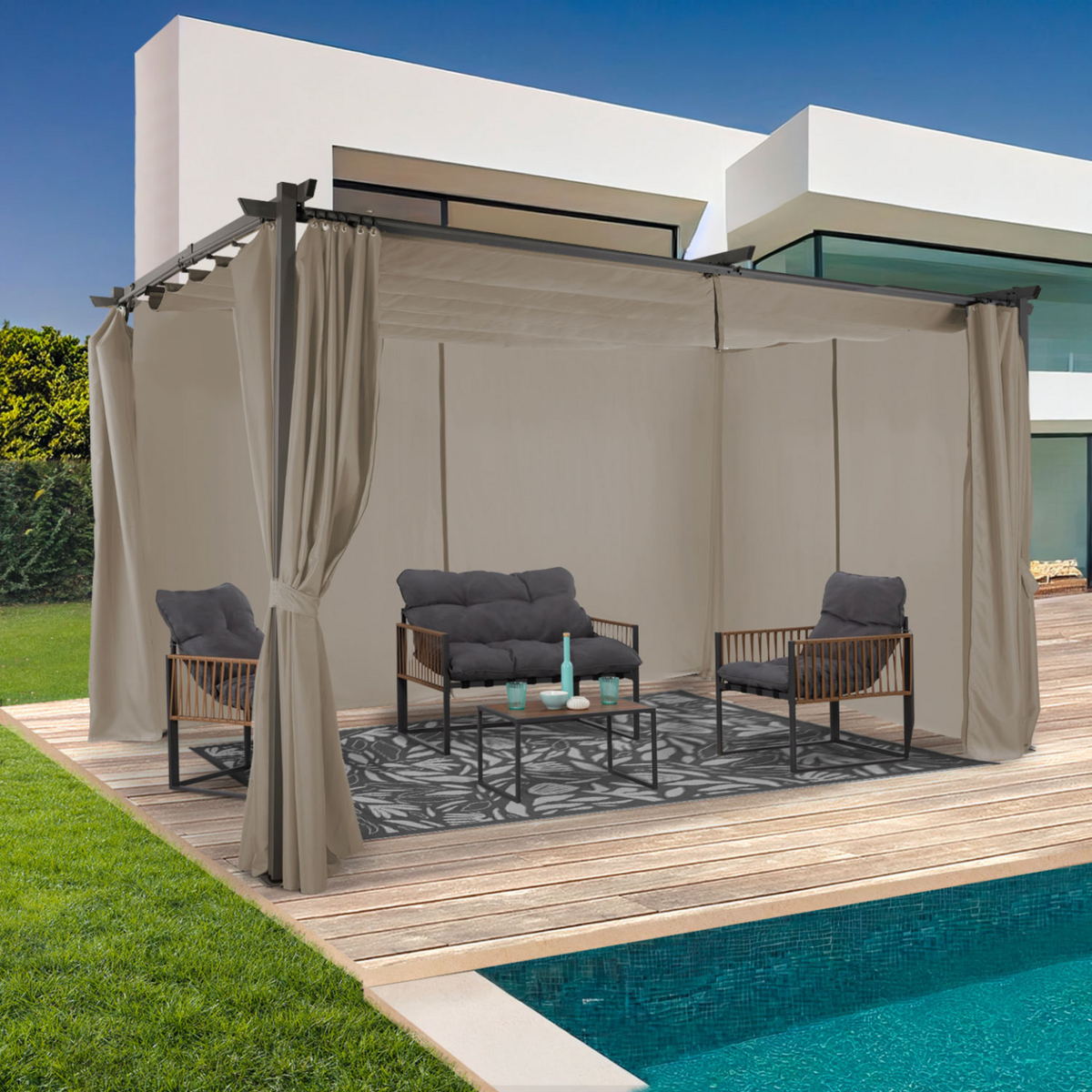 ID MARKET Pergola édition limitée toit rétractable 3x4 M et 4 rideaux taupe