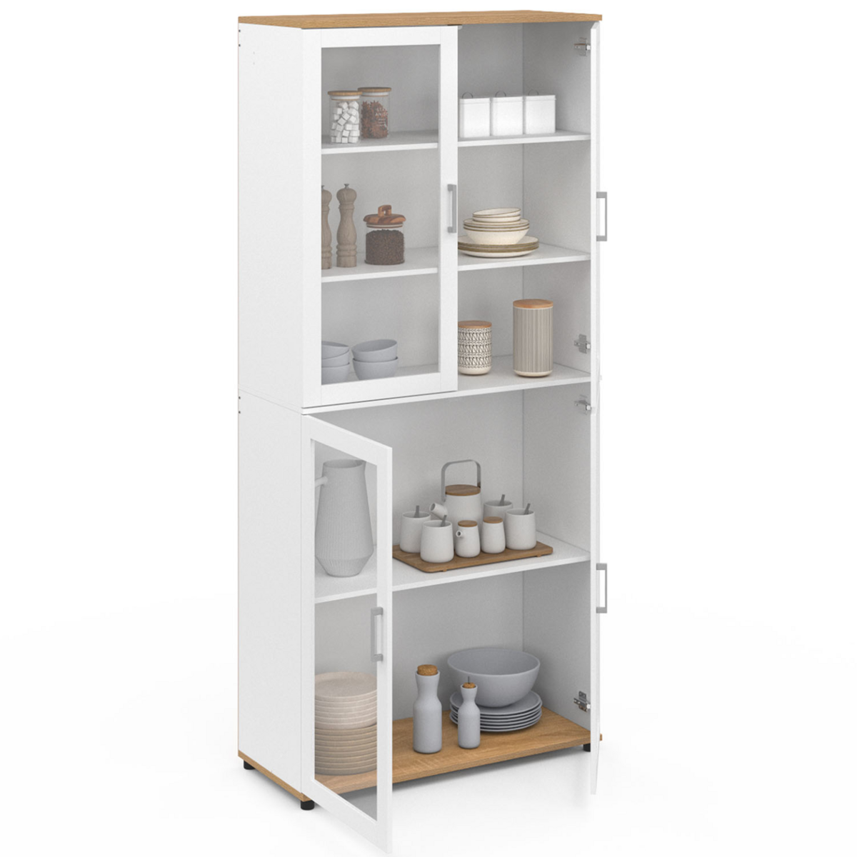 ID MARKET Vitrine buffet haut H. 176 cm vaisselier VITO 4 portes vitrées blanc et bois