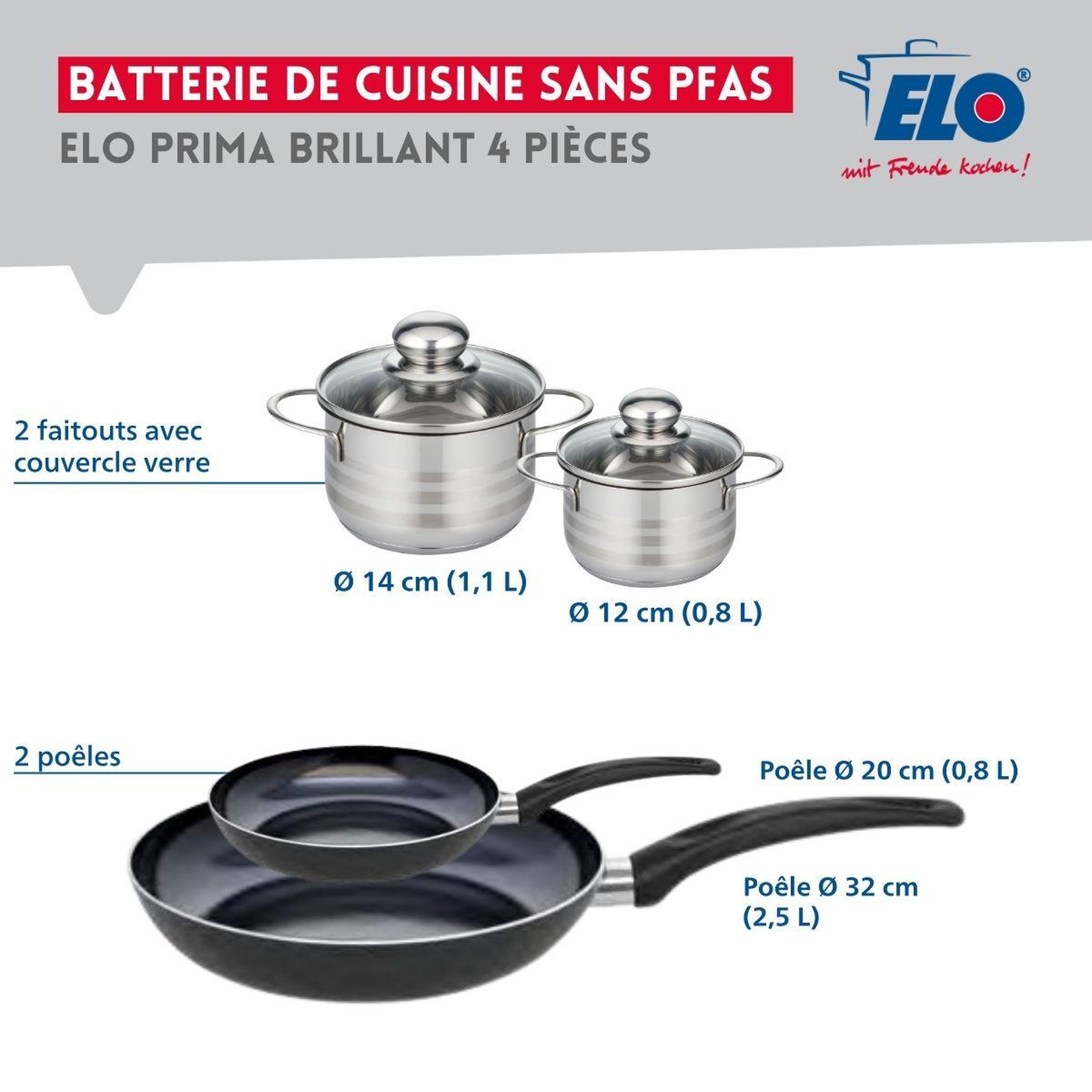Voir la diapositive 2 : ELO Ensemble de 2 poêles de cuisson 20 et 32 cm et 2 faitouts 12 et 14 cm elo prima brillant