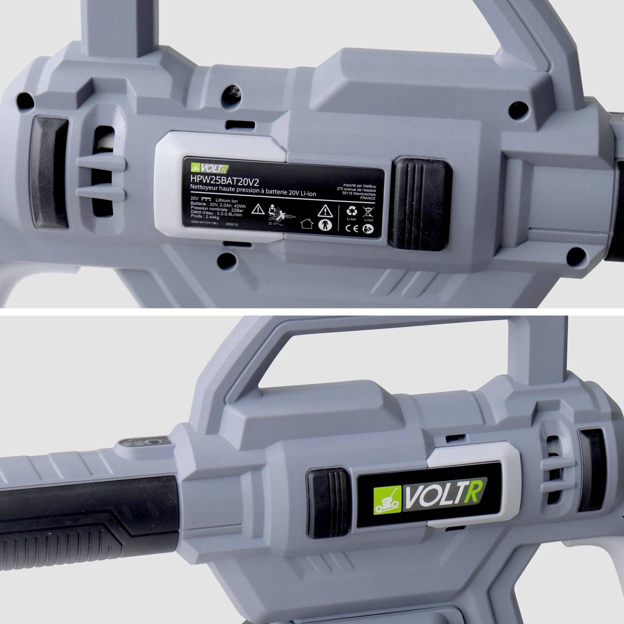 Voir la diapositive 6 : VOLTR VOLTR – Nettoyeur haute pression 25 bars à batterie 20V – kit complet d'accessoires brosse. buse à jet variable. réservoir détergent. batterie et chargeur fournis