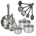 Fackelmann Set 2 poêles 20 et 28 cm en inox, 3 faitouts inox 16, 20 et 24 cm et 5 ustensiles Fackelmann Eterna