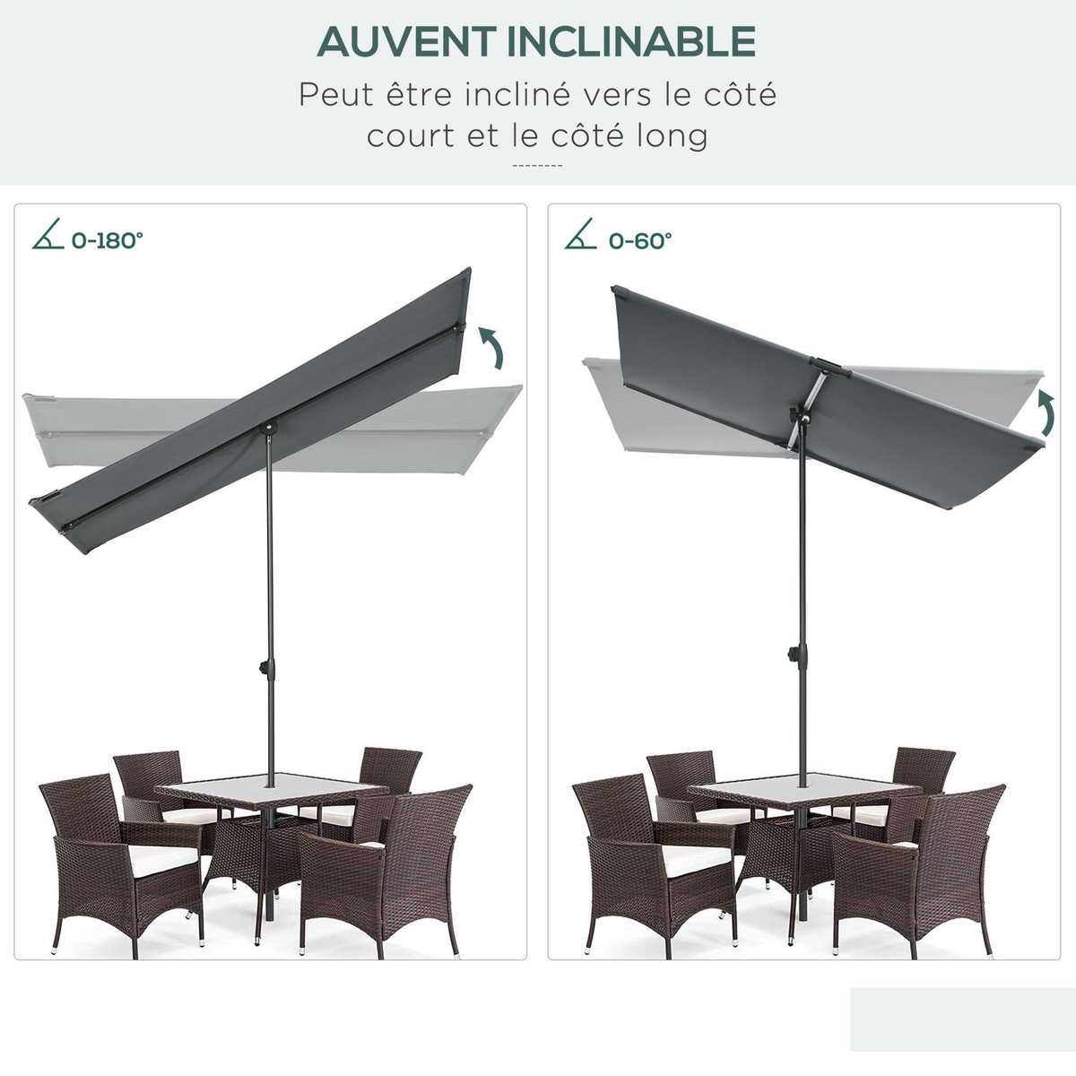 OUTSUNNY Parasol de jardin inclinable toile plate hauteur réglable dim. 180L x 130l x 115-205H cm métal époxy polyester anti-UV gris