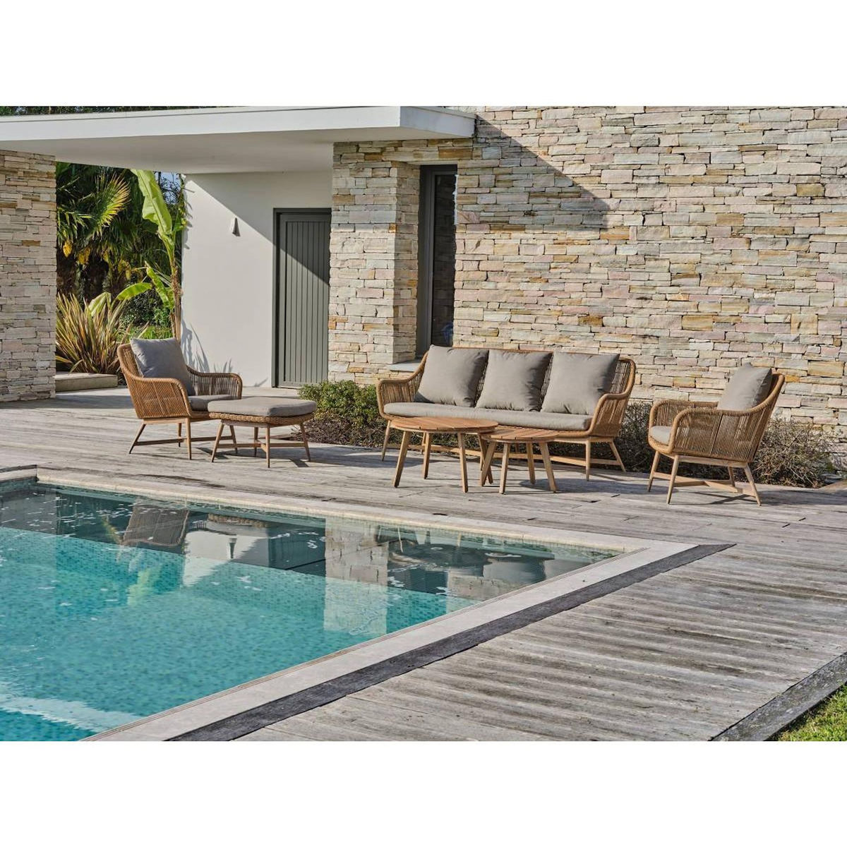 Paris Prix Salon de Jardin 5 Places  Palmas  188cm Naturel & Gris