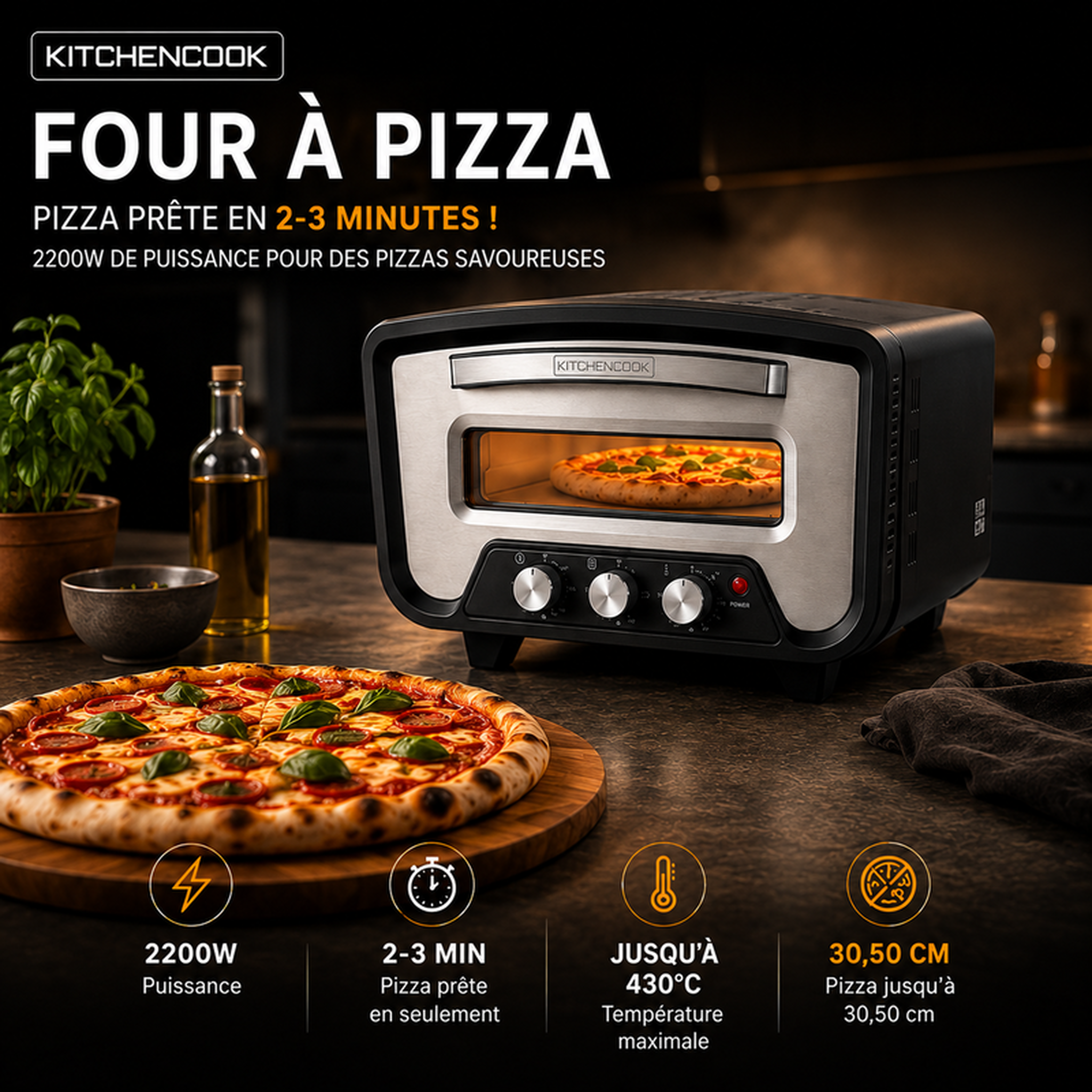 Voir la diapositive 2 : KITCHENCOOK Kitchencook - k pizza lite - four à pizza électrique - cuisson 3 minutes - 2200w - 430°c