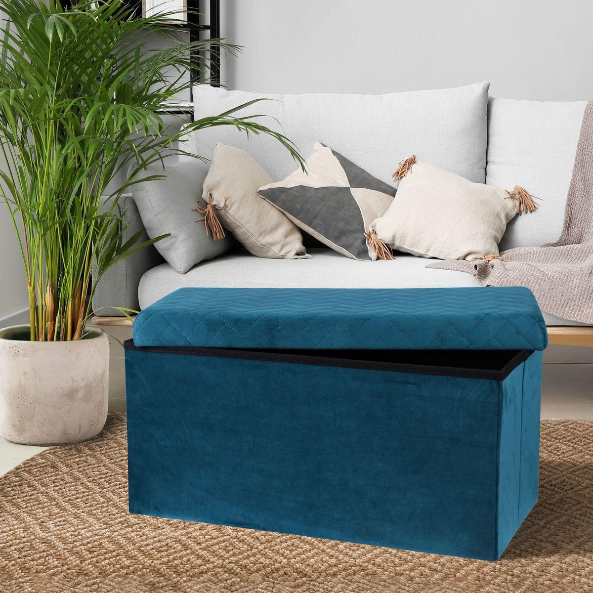 TOILINUX Banc de rangement pliable Kube en velours - Bleu vert