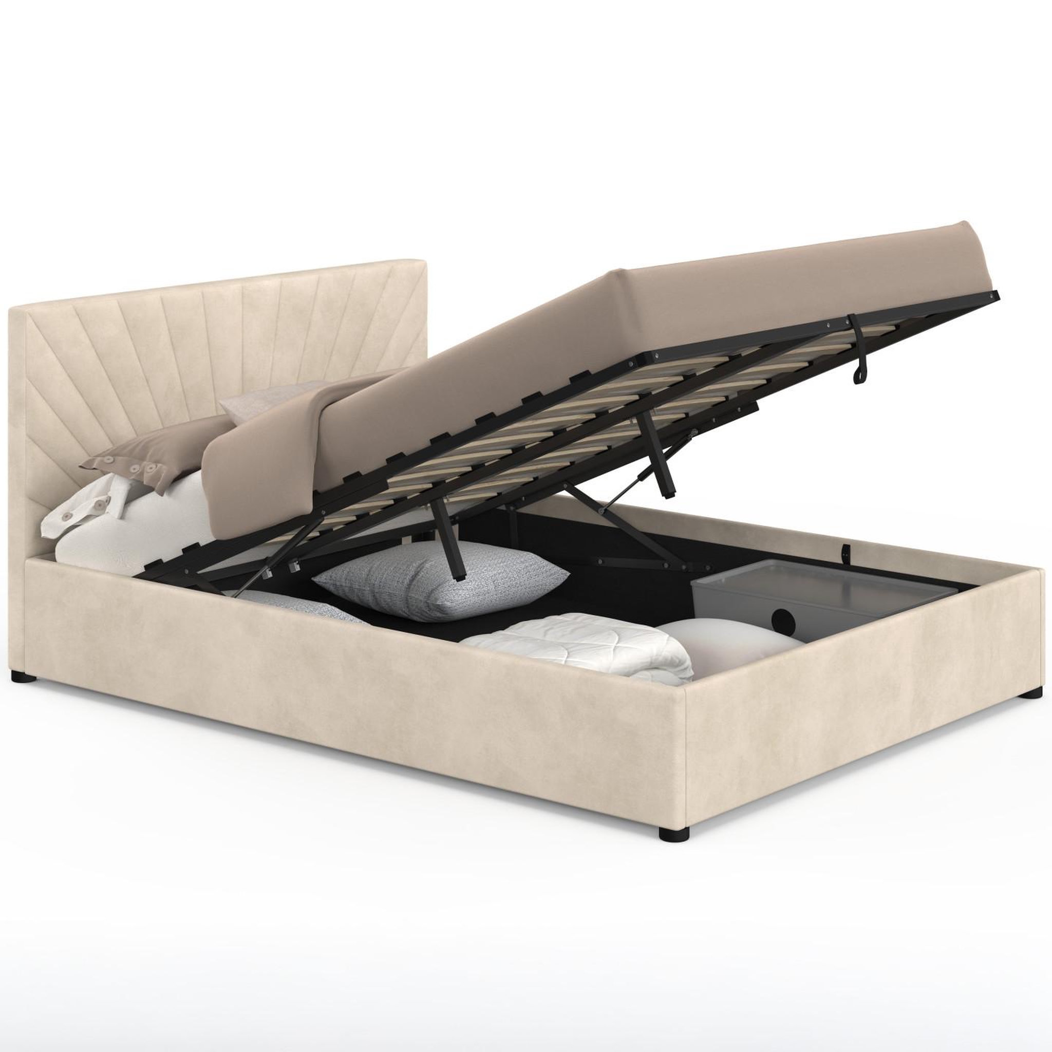 ID MARKET Lit coffre double sunlight avec tête de lit matelassée et sommier 140 x 190 cm velours beige