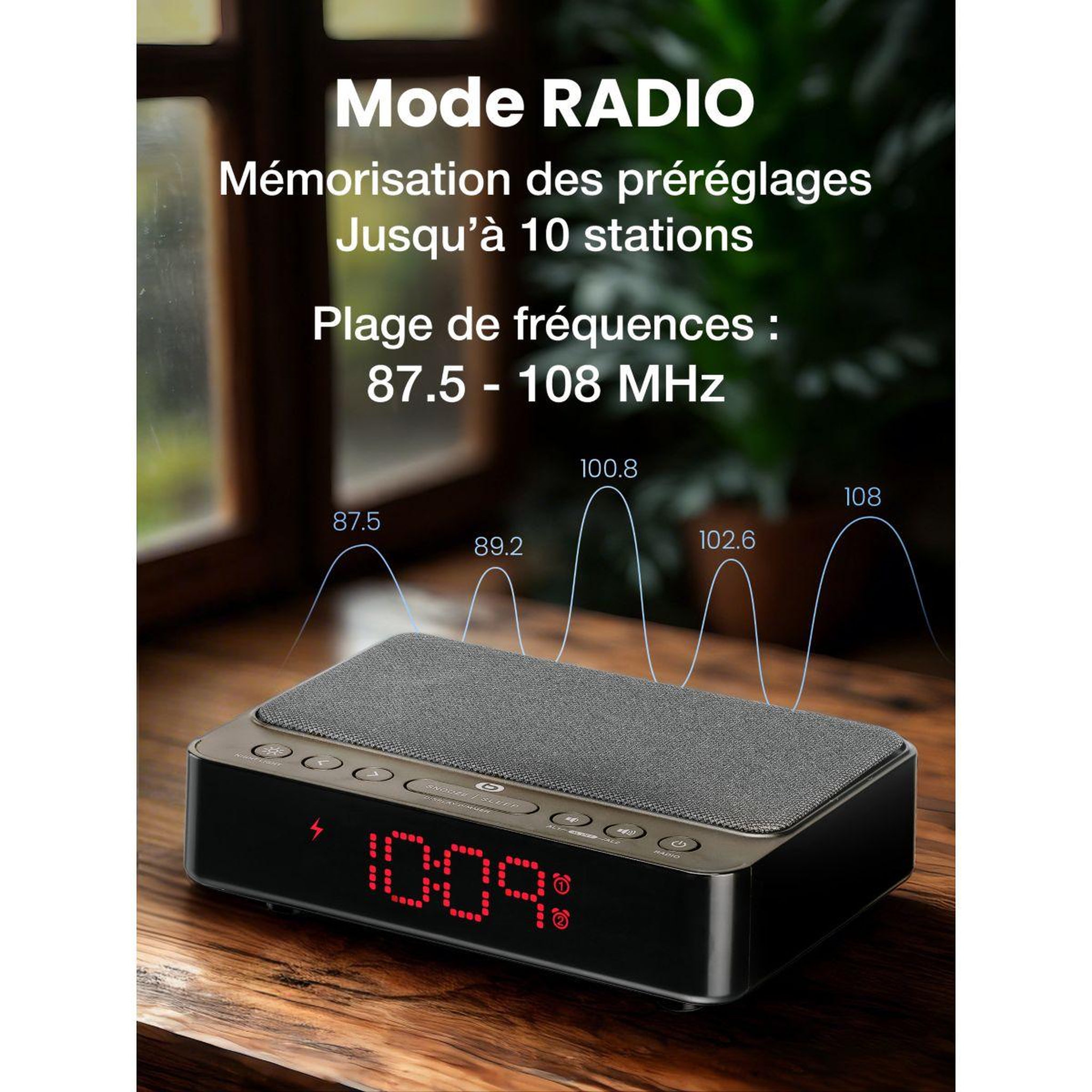 Voir la diapositive 5 : ESSENTIEL B Radio réveil RRVI-100 Charge Induction