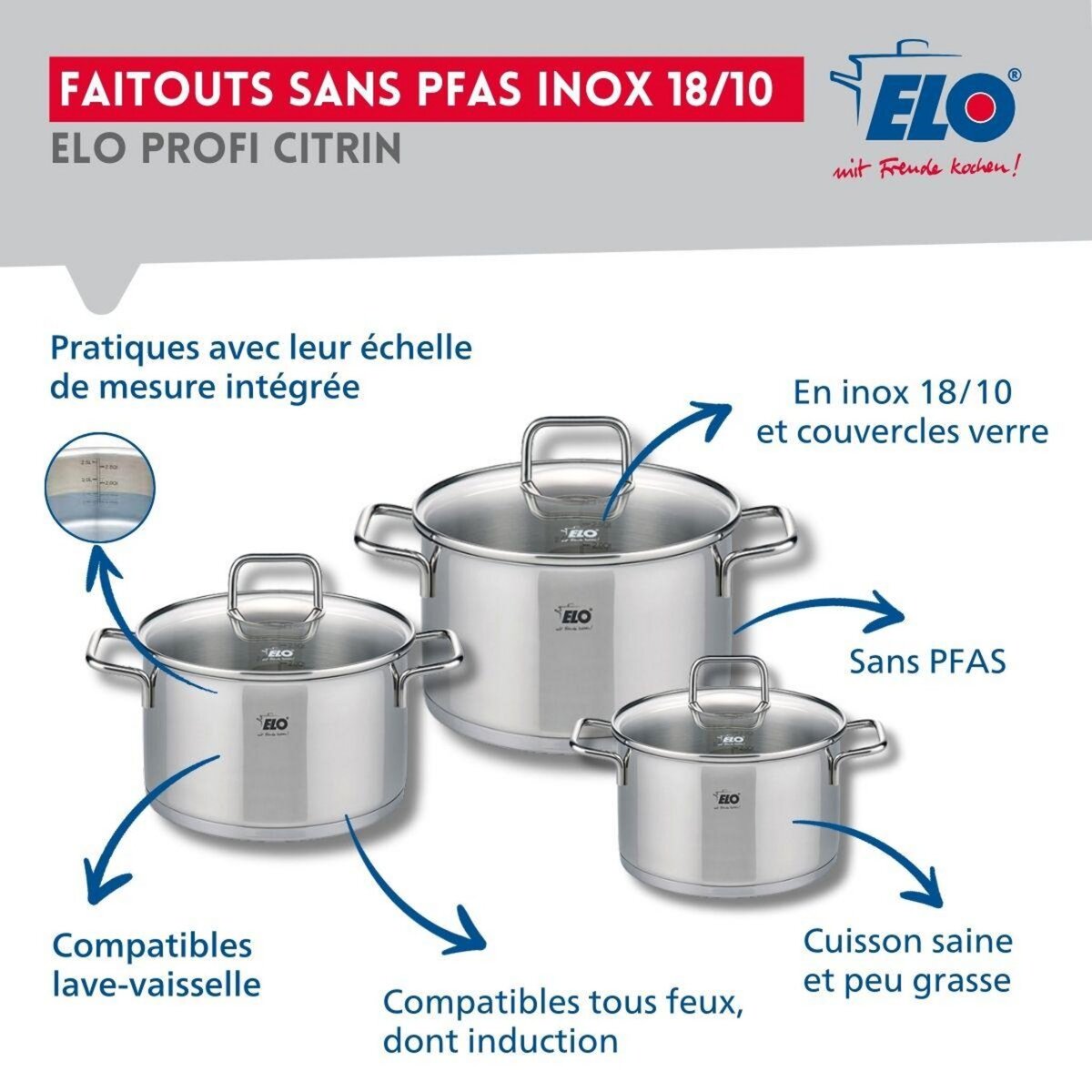 ELO Set de 2 Poêles de cuisson 24 et 28 cm et 3 faitouts 12, 14 et 16 cm Elo Profi Citrin