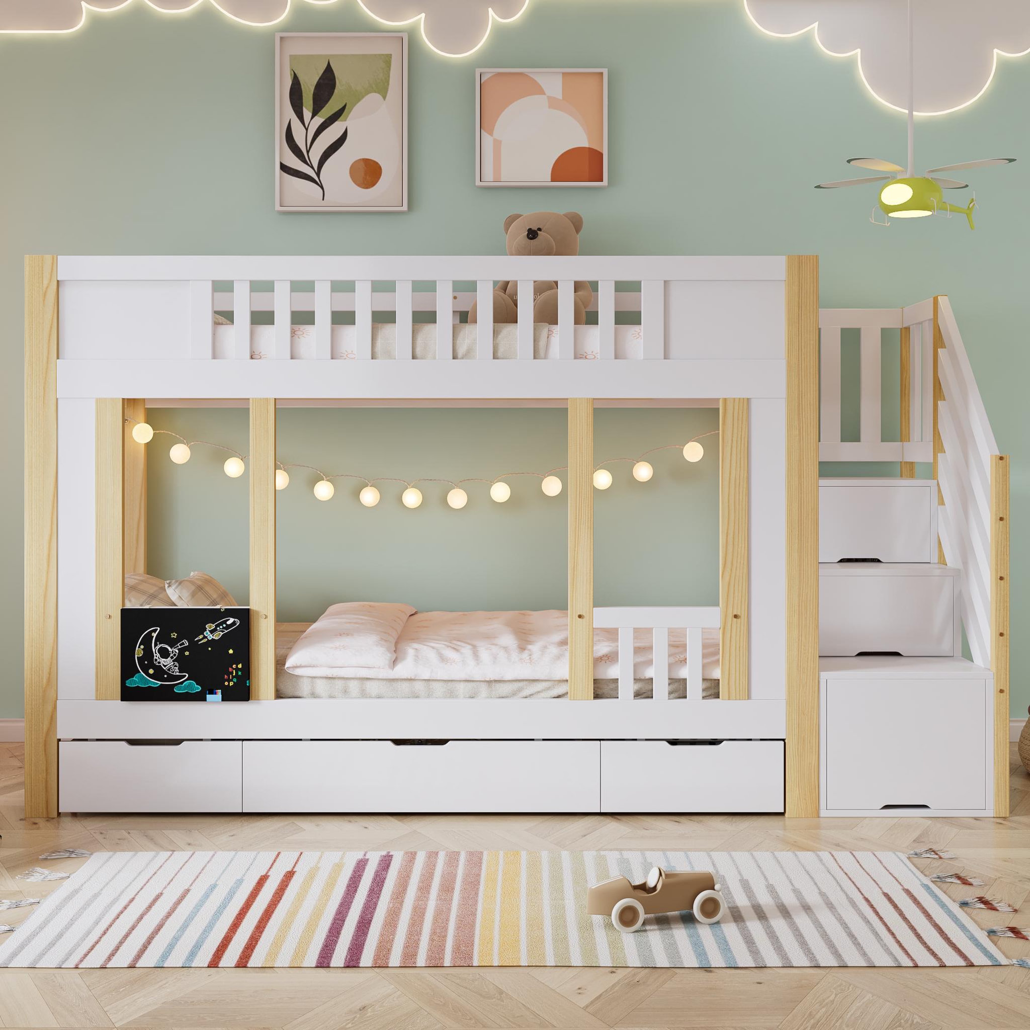 Voir la diapositive 2 : MERAX Lit superposé 90x200 cm coloris blanc+naturel pin
