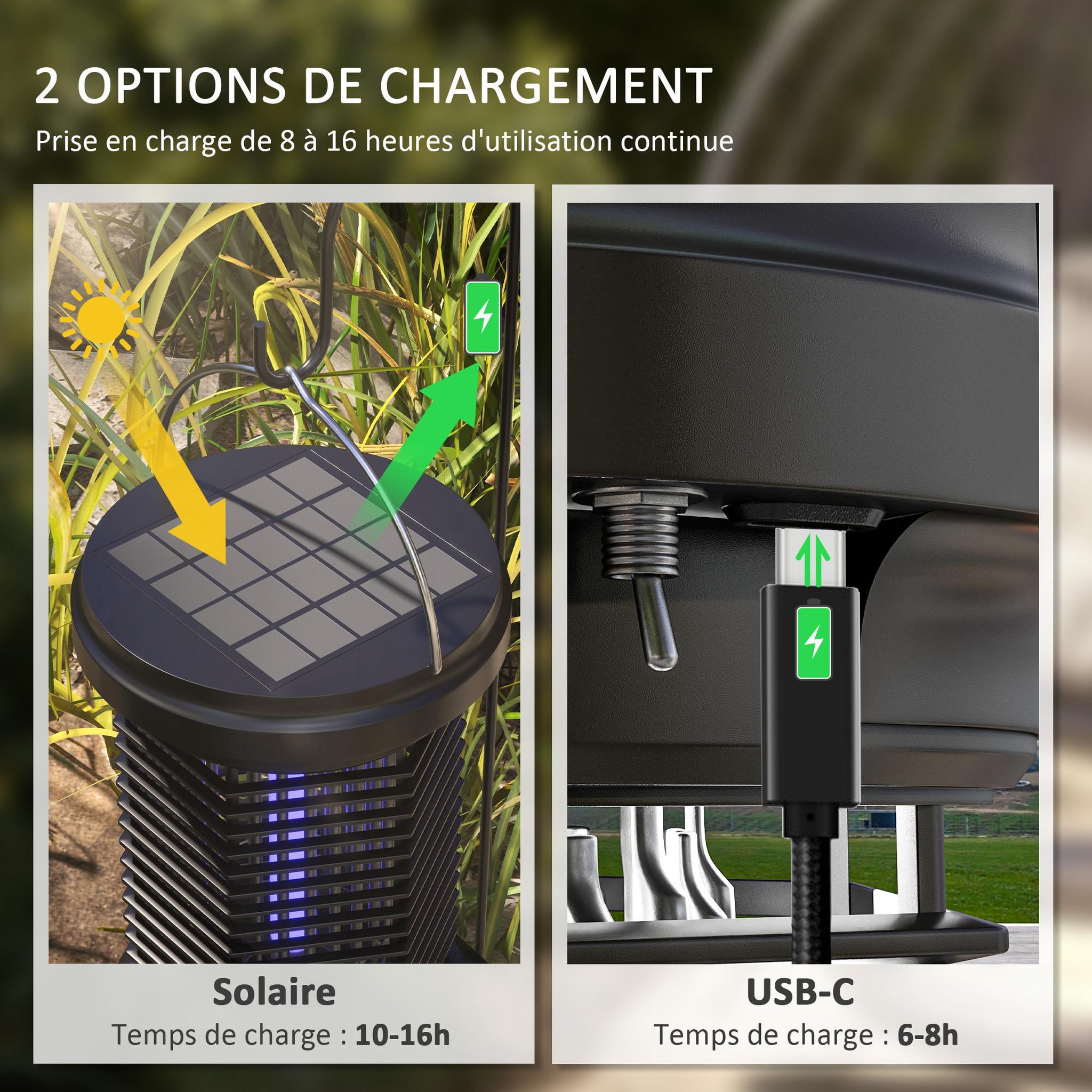 Voir la diapositive 6 : OUTSUNNY Lampe anti-moustiques solaire rechargeable USB-C - destructeur d'insectes suspendu - noir