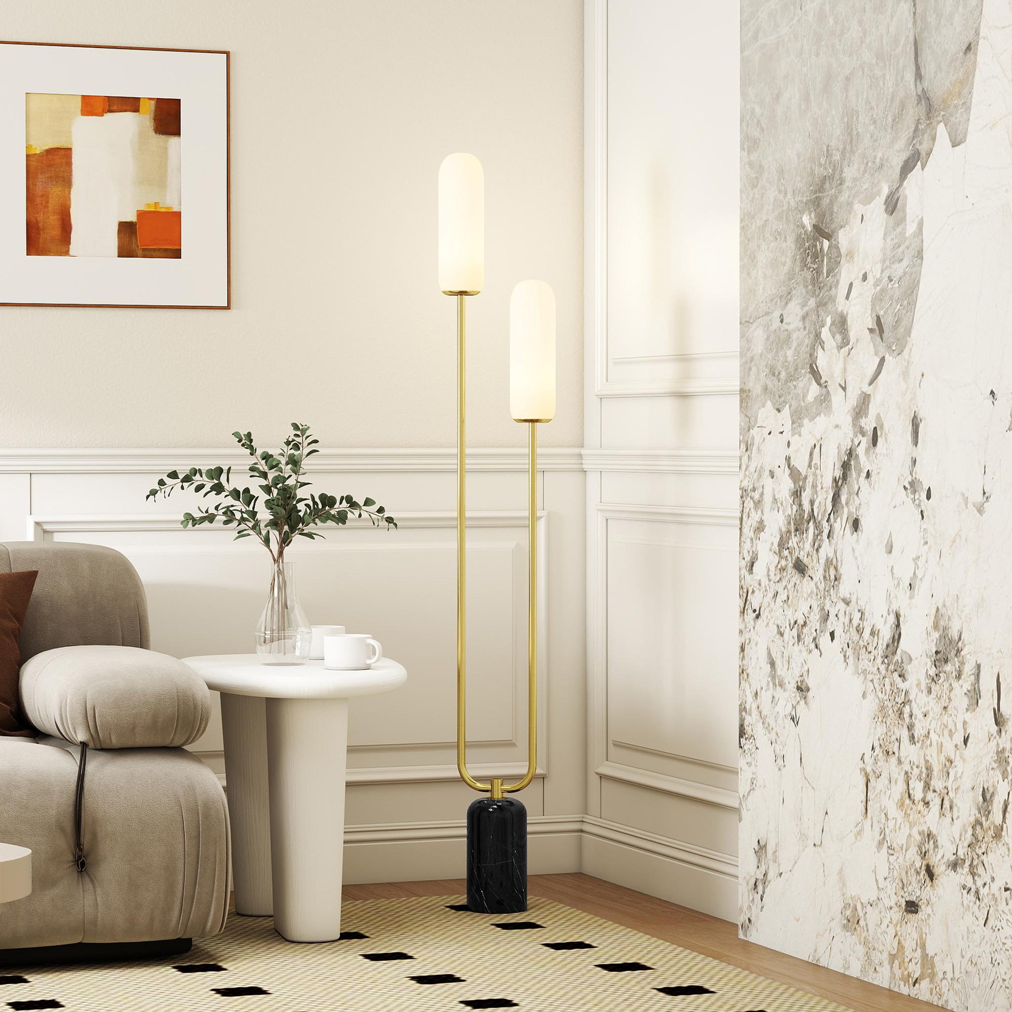 Voir la diapositive 2 : HOMCOM Lampadaire design art déco h.150 cm effet marbre noir métal doré verre dépoli blanc