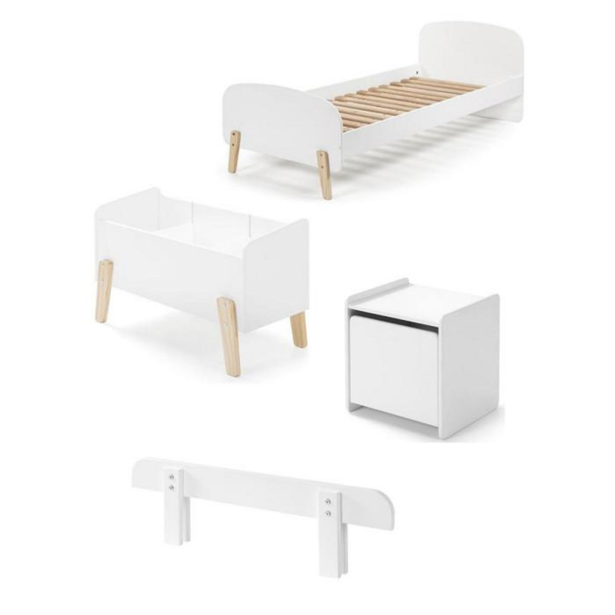 Paris Prix Pack - Lit Enfant, Chevet, Barrière & Coffre  Kiddy  90x200cm Blanc