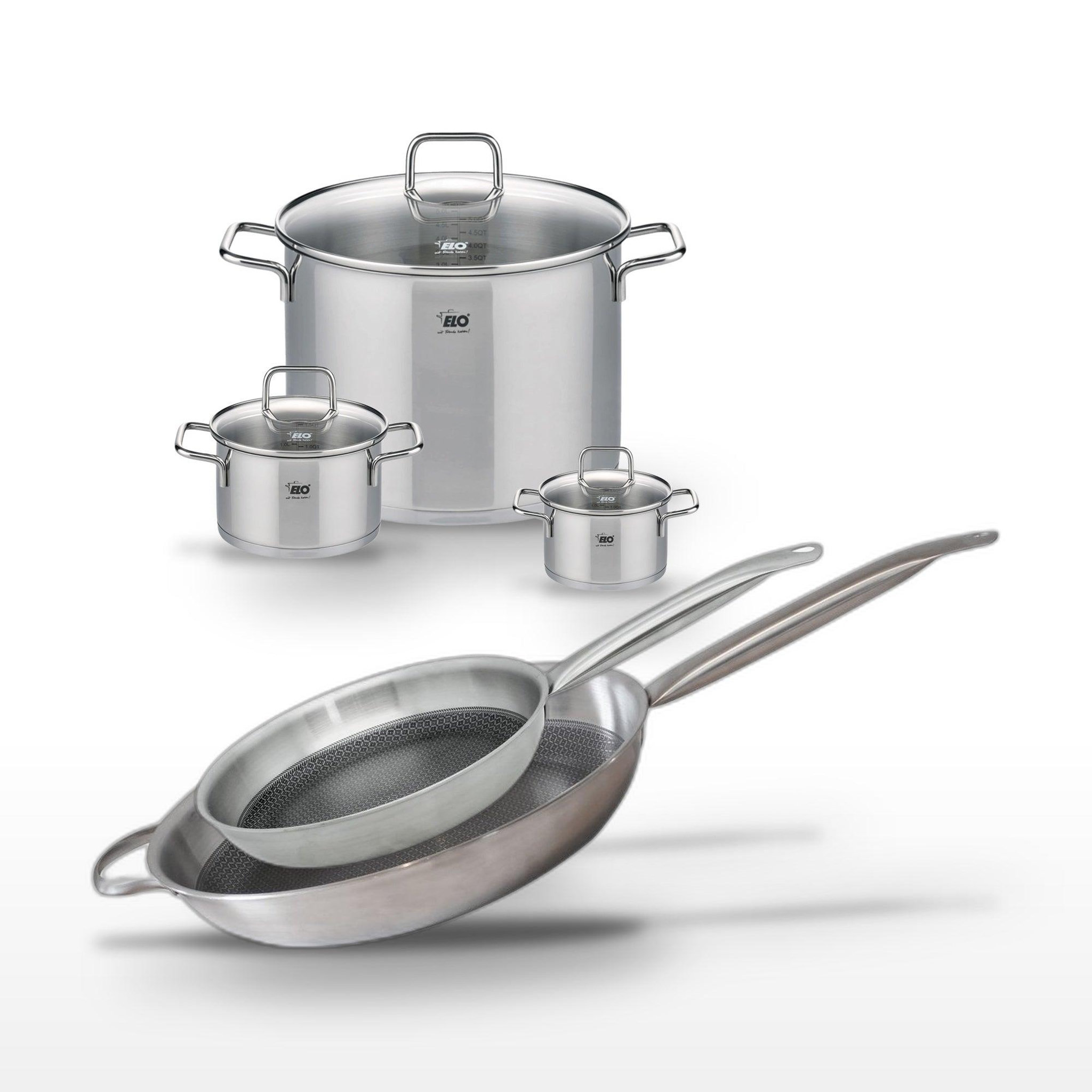 ELO Batterie de cuisine avec 2 poêles 28/32 cm et 3 faitouts 12/16/26 cm en inox et sans pfas elo collection relief solution citrin