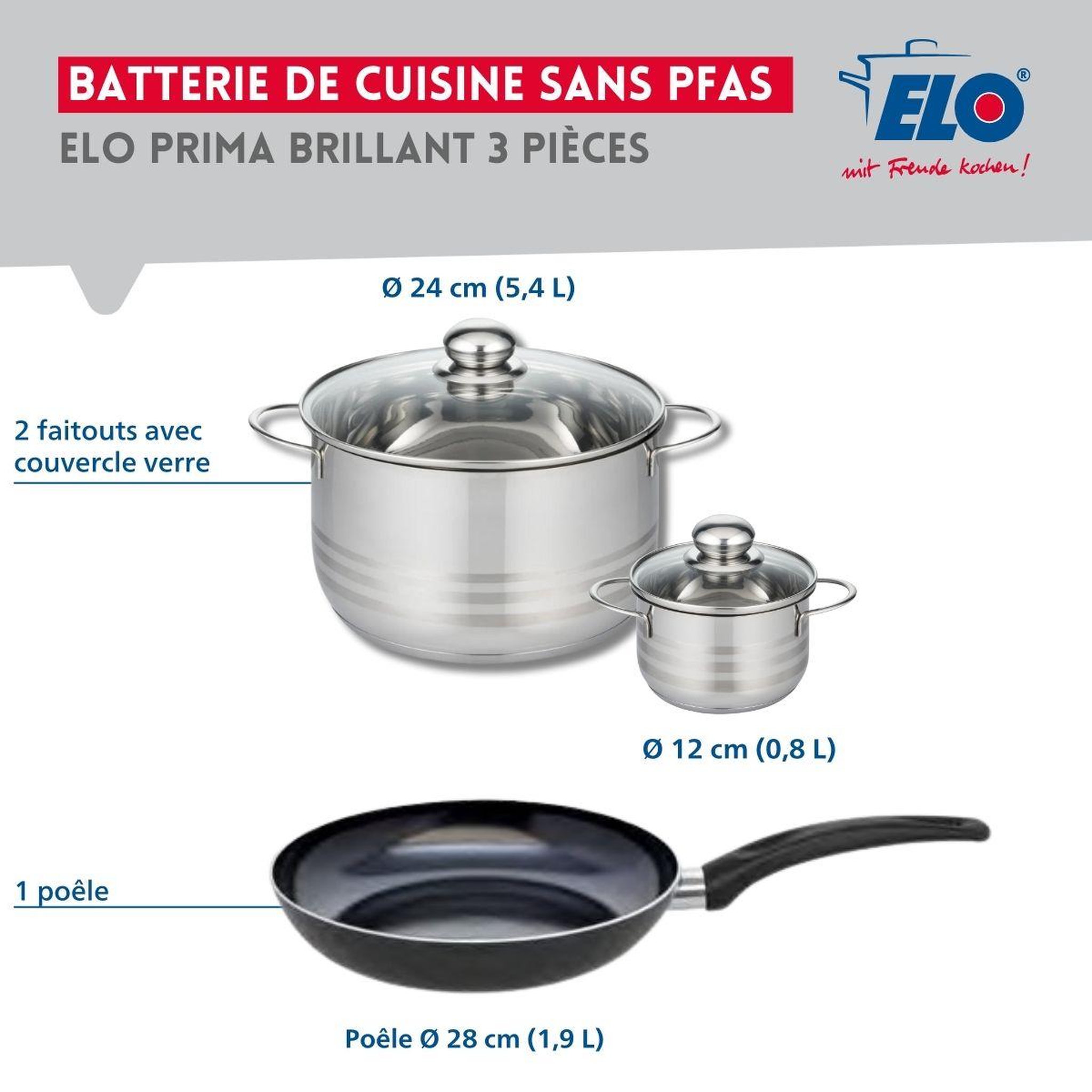 Voir la diapositive 2 : ELO Ensemble de 1 poêle de cuisson 28 cm et 2 faitouts 12 et 24 cm elo prima brillant