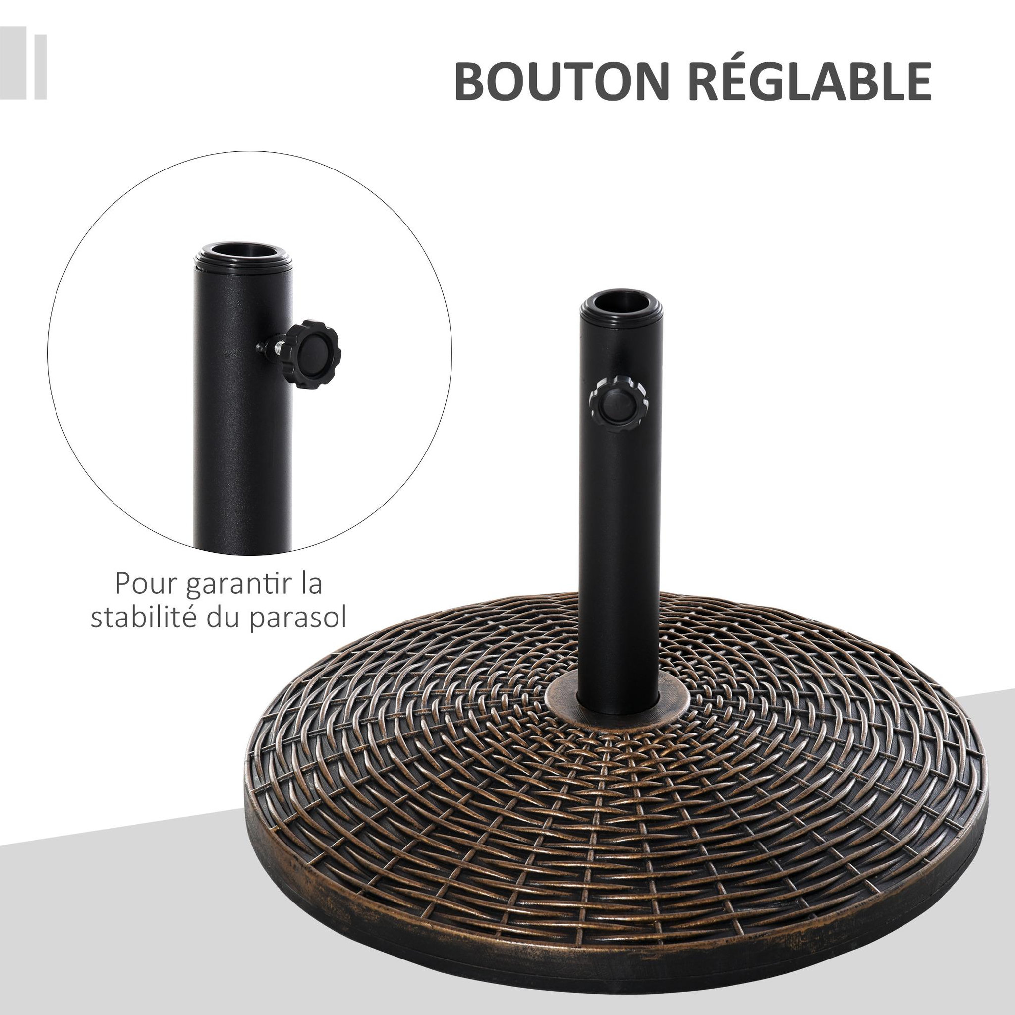 Voir la diapositive 4 : OUTSUNNY Pied de parasol rond base de lestage Ø 53 x 35,5 cm résine imitation rotin poids net 25 Kg noir bronze