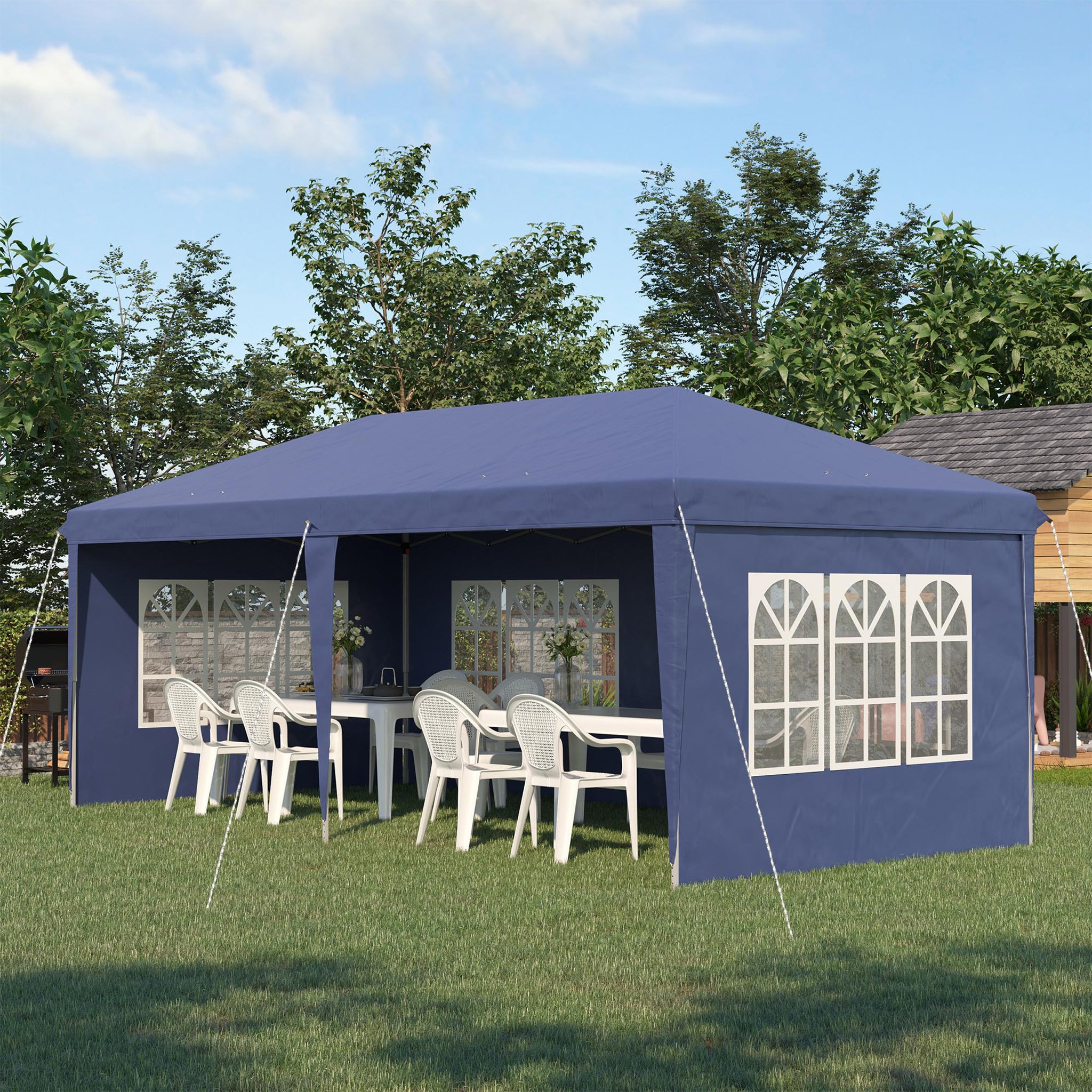 Voir la diapositive 2 : OUTSUNNY Tonnelle pop up pliante - barnum pliable - 4 cotés démontables - 4 fenêtres - acier oxford haute densité bleu