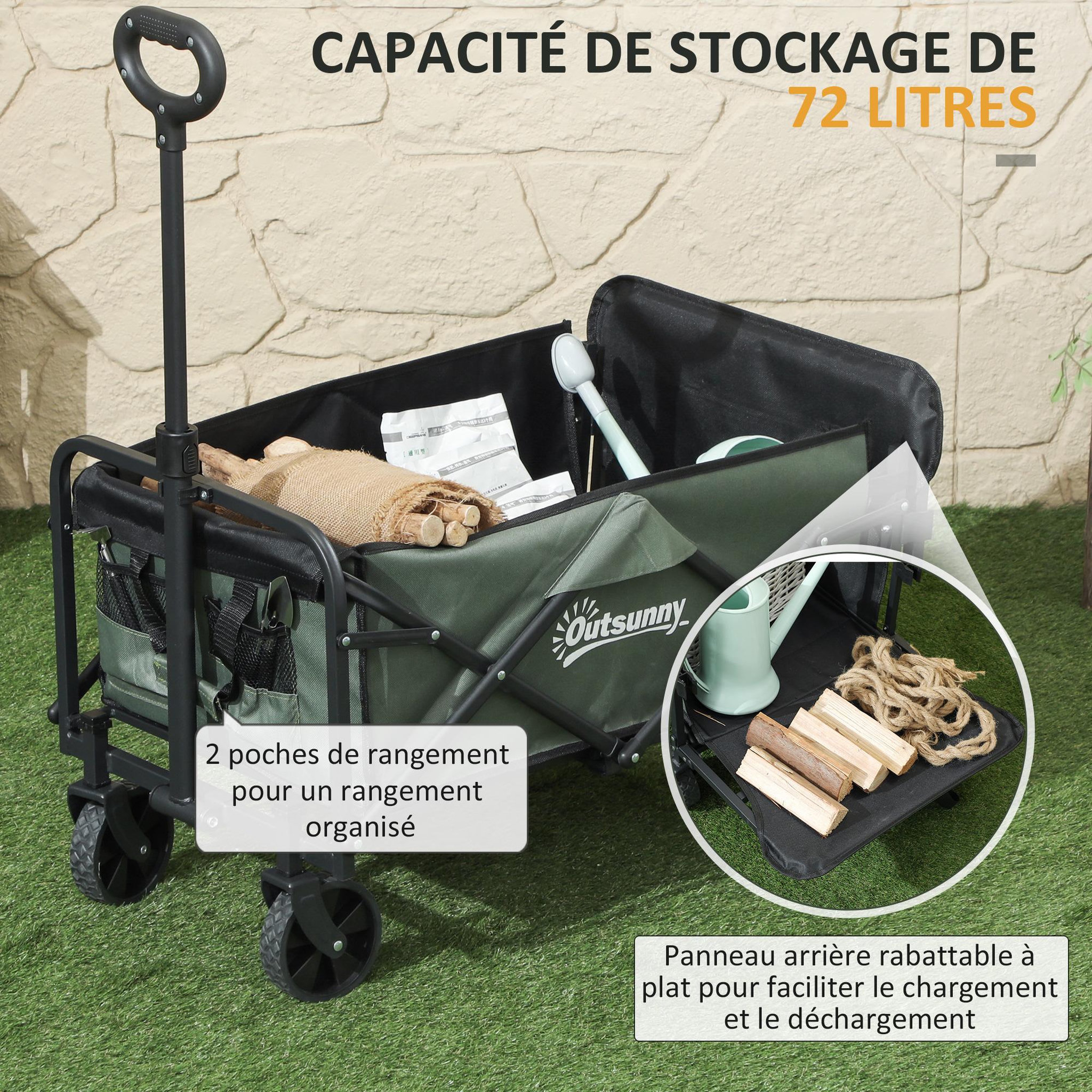 Voir la diapositive 4 : OUTSUNNY Chariot de transport jardin pliable - poignée télescopique, ouverture arrière, pochettes - acier noir tissu kaki
