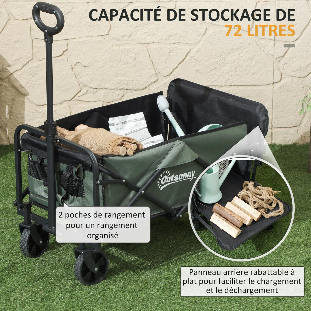 OUTSUNNY Chariot de transport jardin pliable - poignée télescopique, ouverture arrière, pochettes - acier noir tissu kaki