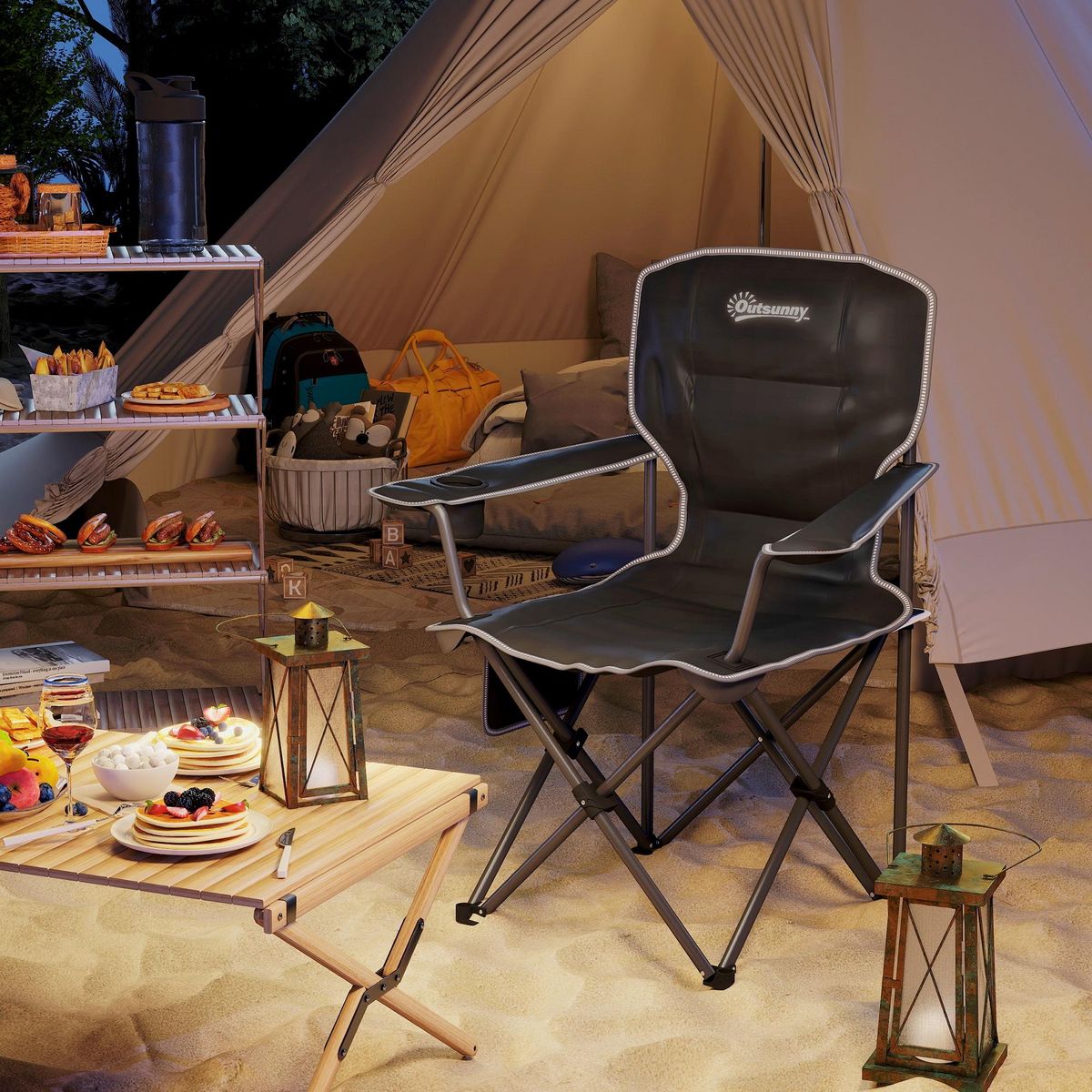 OUTSUNNY Chaise de camping pliante rembourrée - porte-gobelets, poches latérales rangement - sac transport inclus - noir