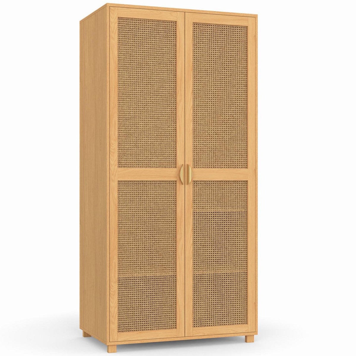 ID MARKET Armoire 2 portes EDHEN bois et cannage penderie 80 cm avec étagères rangement