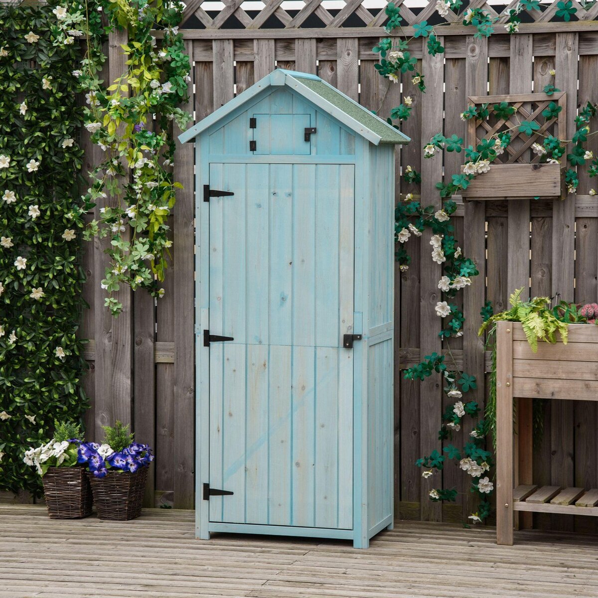 OUTSUNNY Armoire abri de jardin remise pour outils 3 étagères 2 portes loquets toit pente bitumé 77L x 54l x 179H cm sapin traité bleu