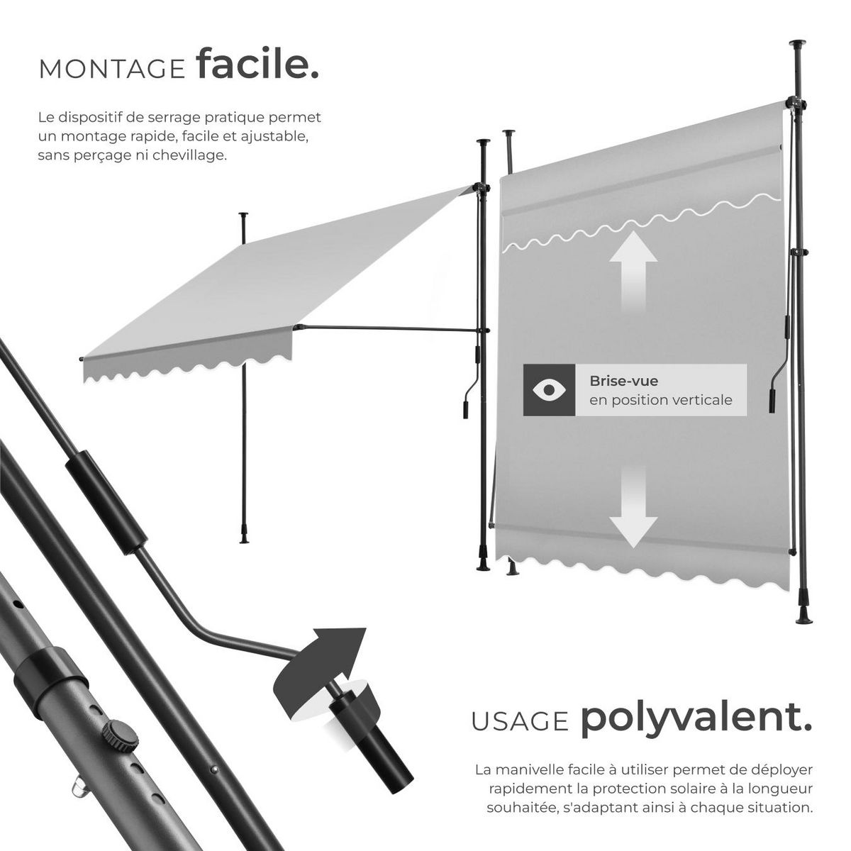 tectake Store à pince sans perçage avec manivelle gris clair 200 x 180 cm