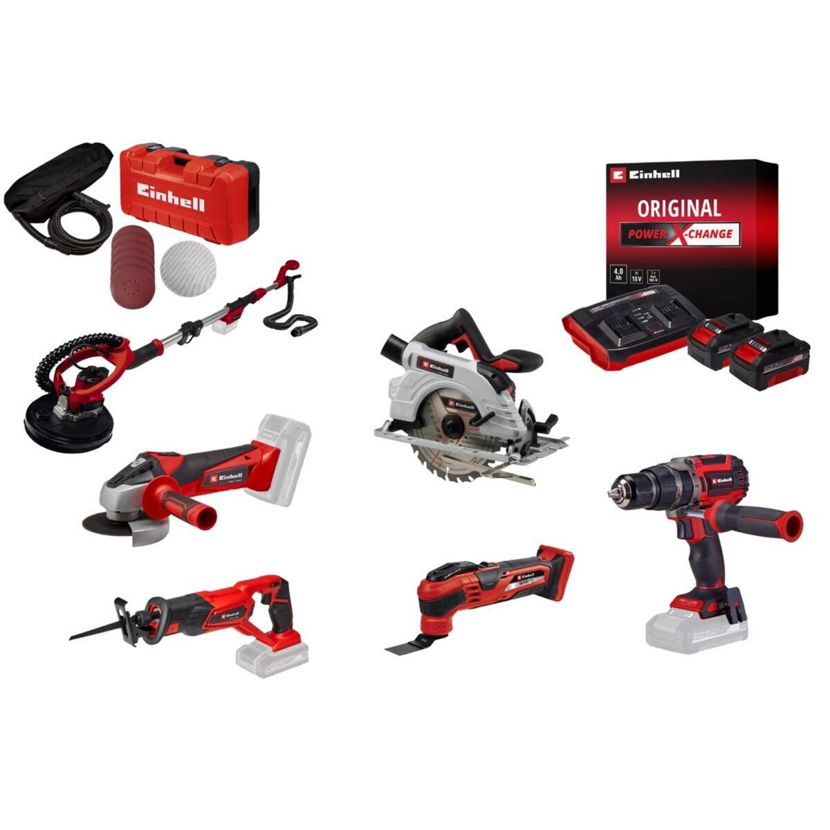 Einhell Kit chantier sans fil Einhell – Meuleuse, scies, perceuse, ponceuse + 2 batteries 4.0Ah + chargeur