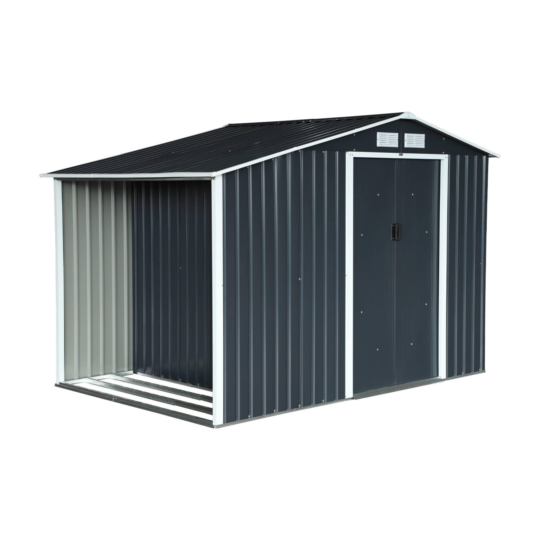 Voir la diapositive 1 : SWEEEK Abri de jardin métal 5.42 m² - Scarpe - Anthracite. en acier galvanisé - Avec espace de rangement. abri bûches - Double porte coulissante. toiture double pente. L 278 x P 195 x H 195 cm