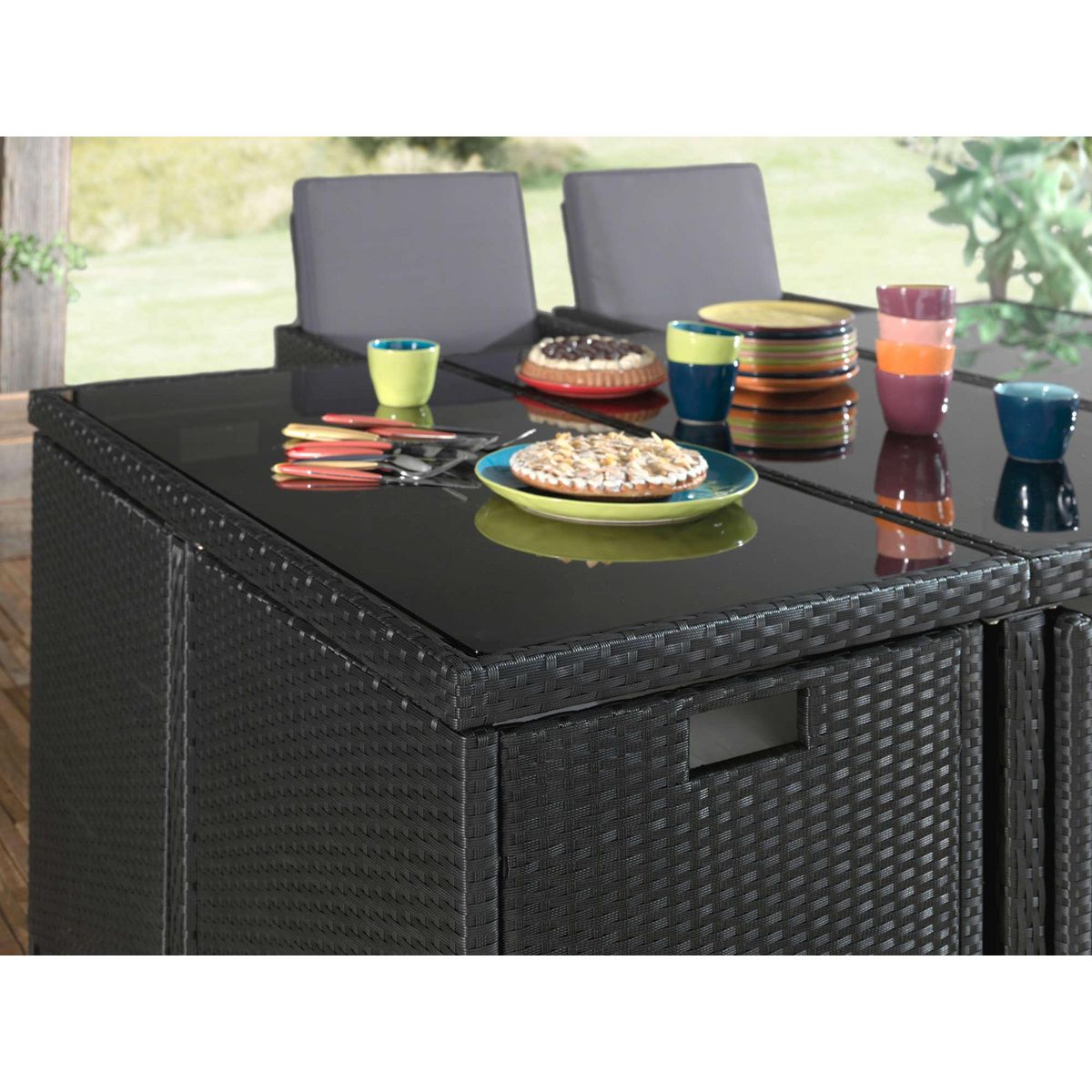 BEST MOBILIER Fira - salon de jardin encastrable 10 places - en résine tressée - noir avec coussins gris + housse de protection