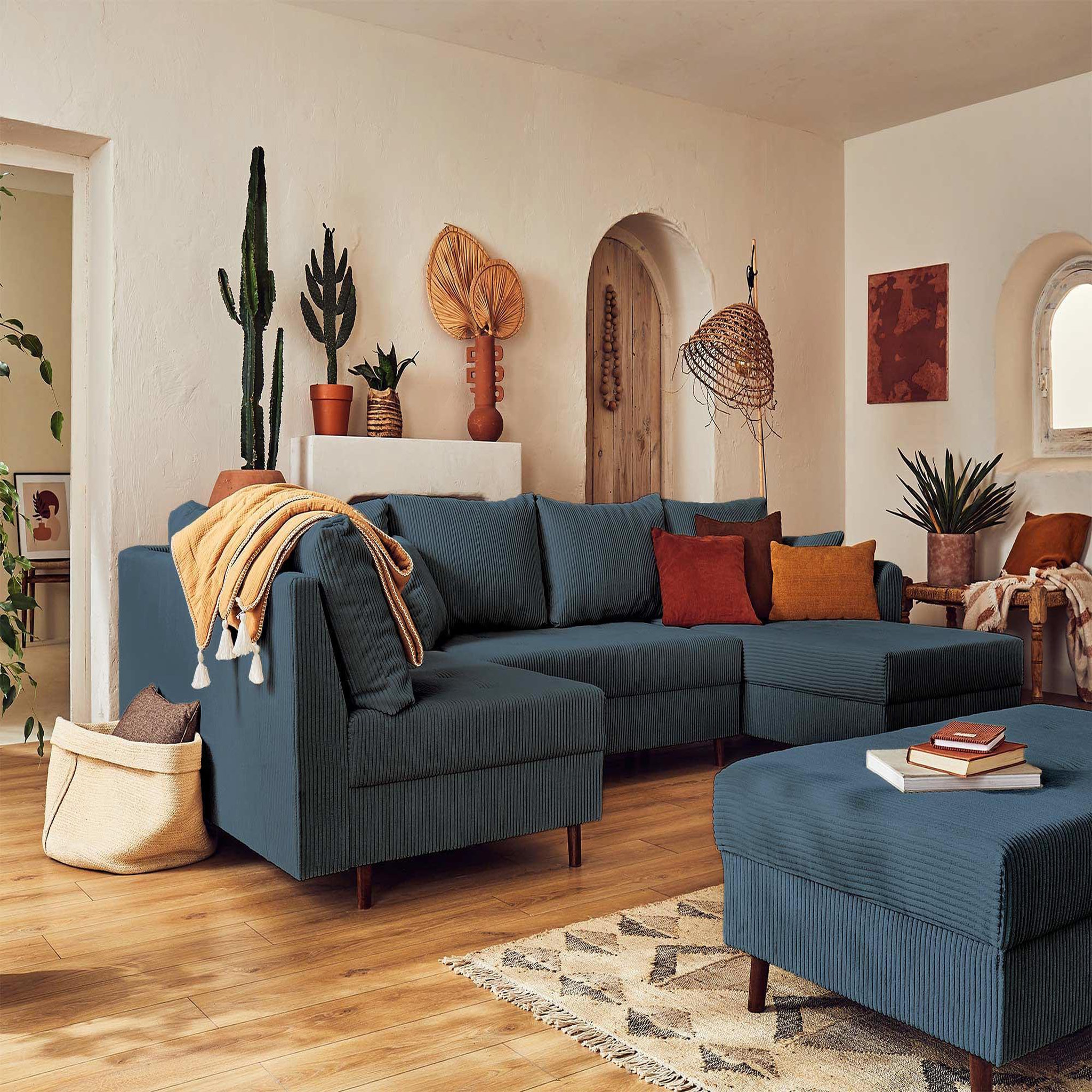 Voir la diapositive 2 : BEST MOBILIER Rune - canapé panoramique d'angle gauche - 7 places - avec pouf d'appoint - en velours côtelé