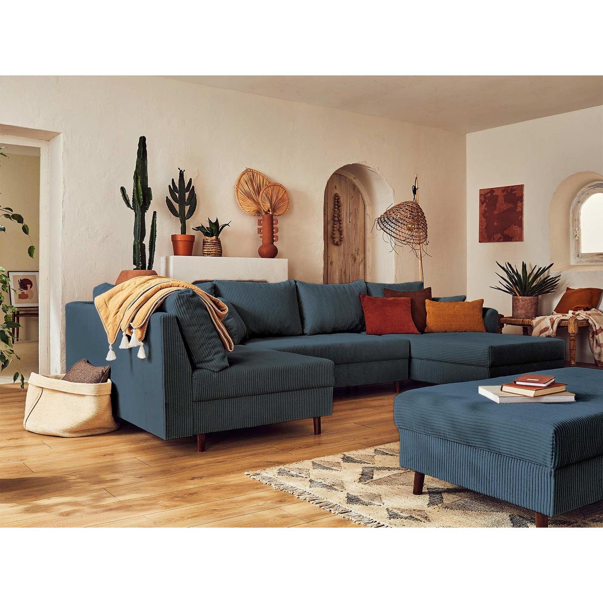 LISA DESIGN Rune - canapé panoramique d'angle gauche - 7 places - avec pouf d'appoint - en velours côtelé