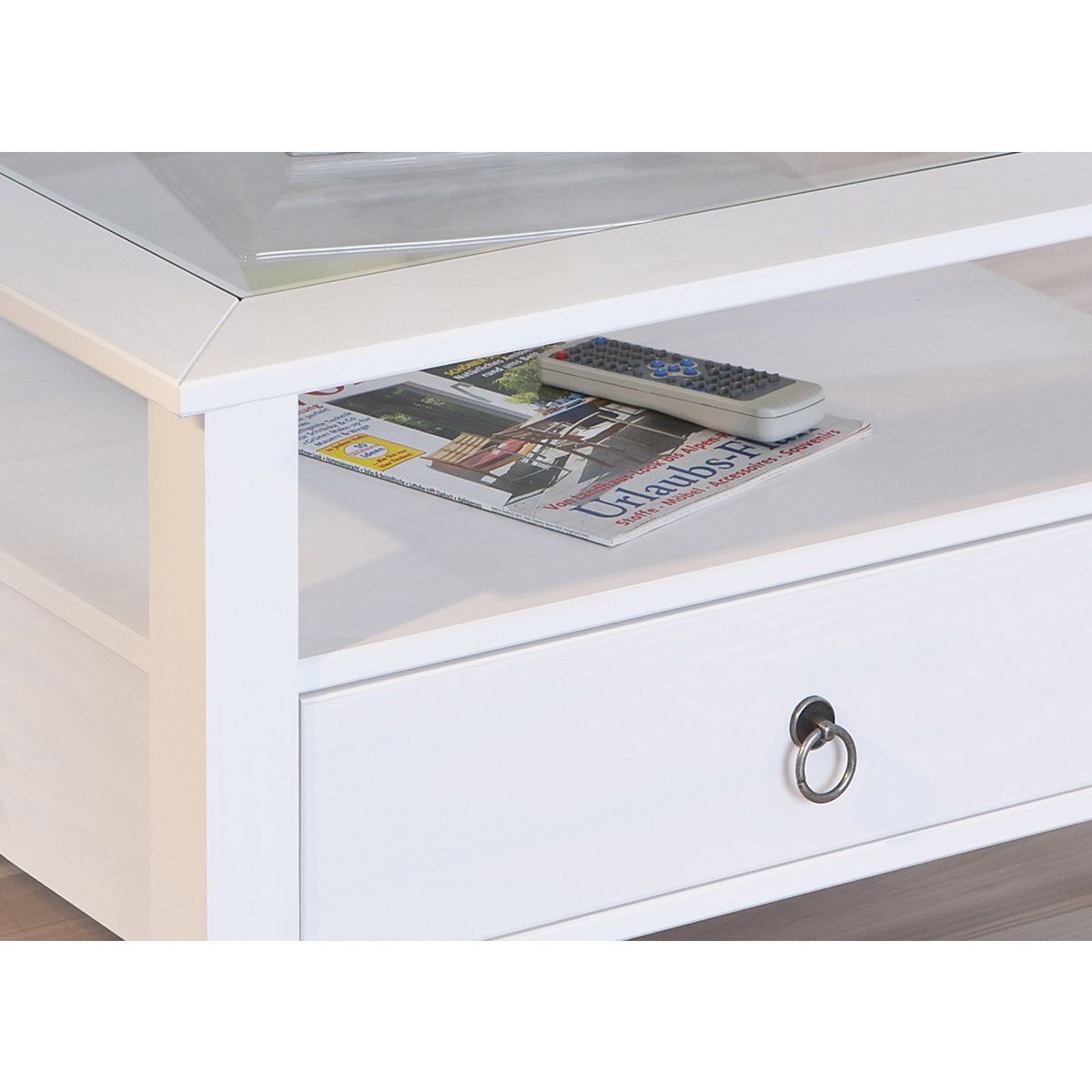 Table basse carrée en bois massif 1 tiroir plateau verre L75cm CASSIS